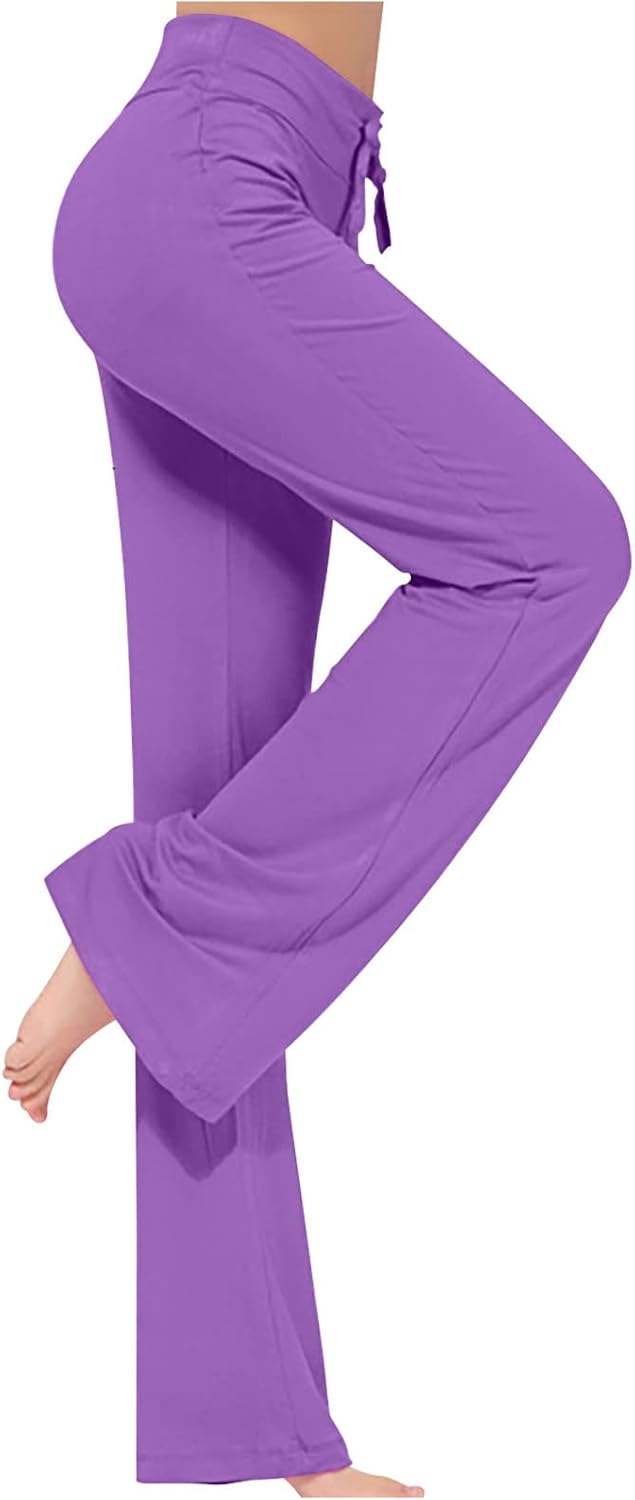 Womens Wide Leg Yoga Pants Drawstring Lounge Flare Workout Sweatpants Straight-Leg Loose Bell Bottom Dress