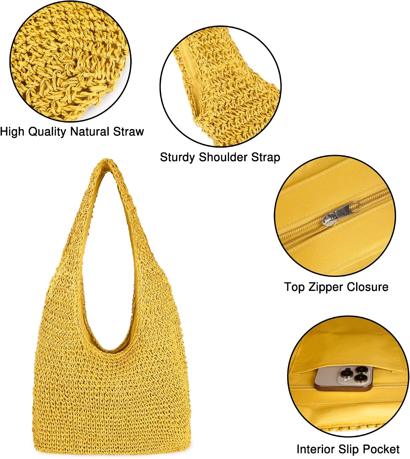 Women's Natural Straw Hobo Tote Bag Beige