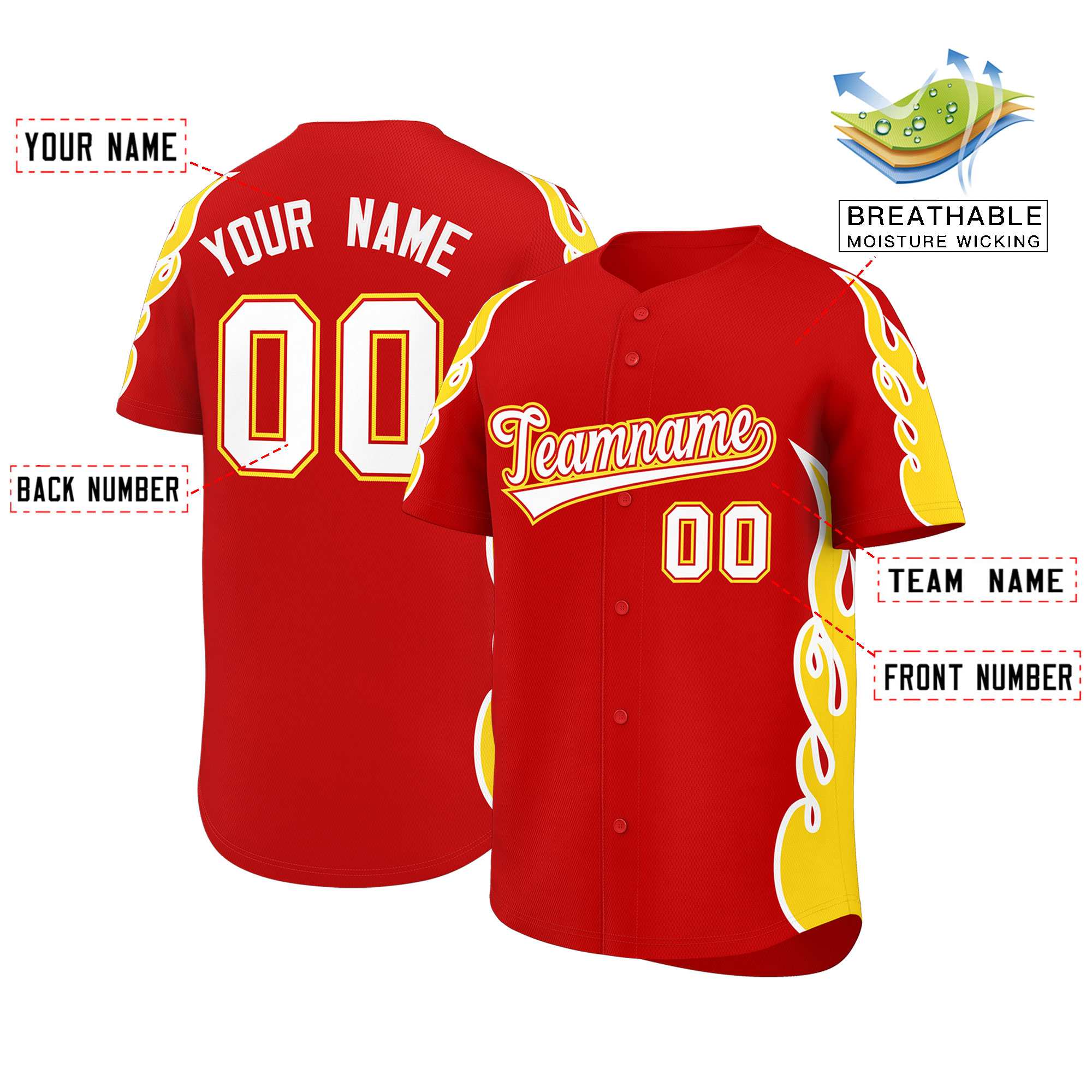 Benutzerdefiniertes Baseball-Trikot mit Seitenflammen-Umrissmuster für Sportuniformen