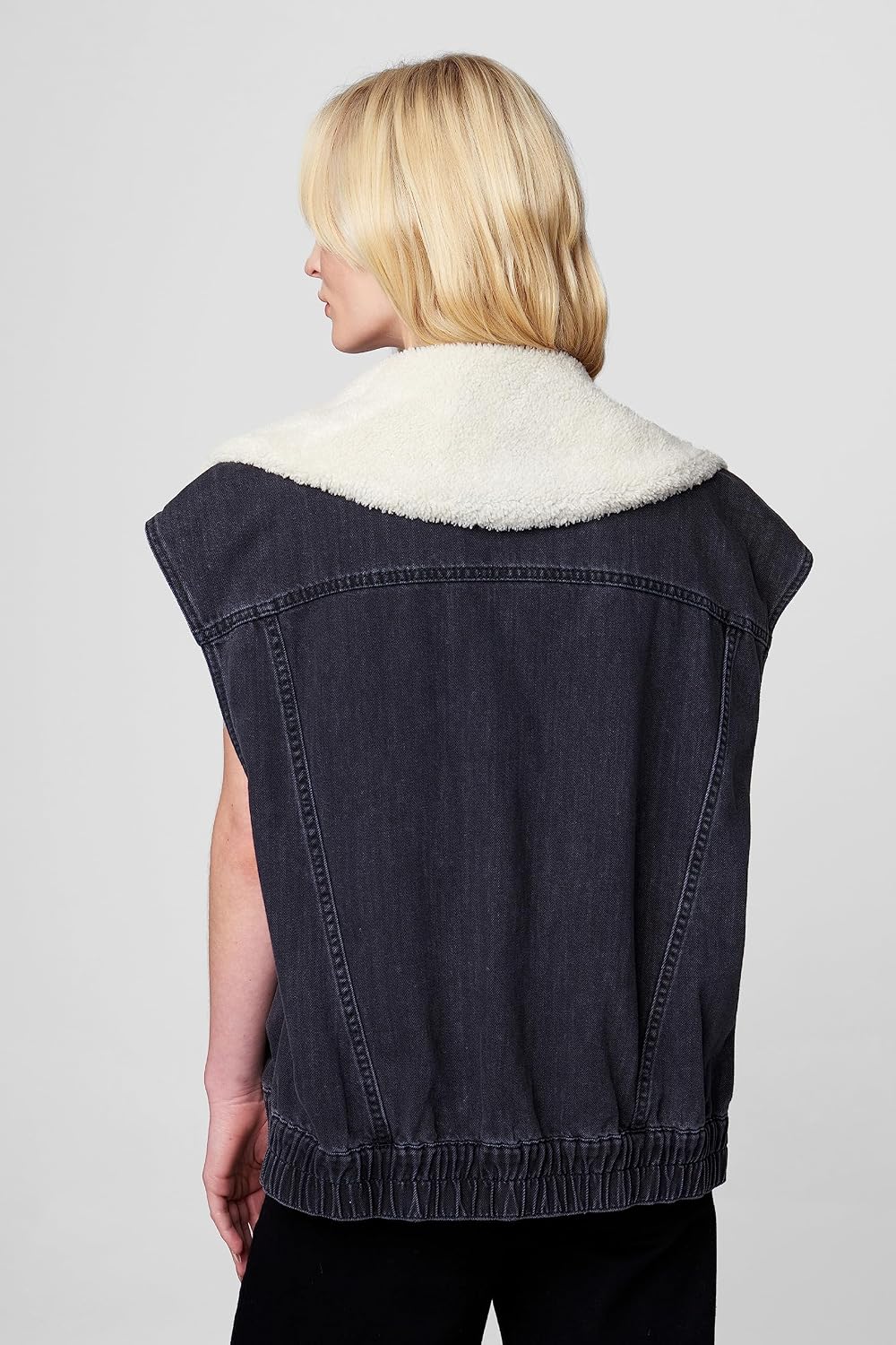 Women's Sherpa Lined Denim Vest Snap Front Cream Trim Women's Sherpa Lined Denim Vest Snap Front Cream Trim