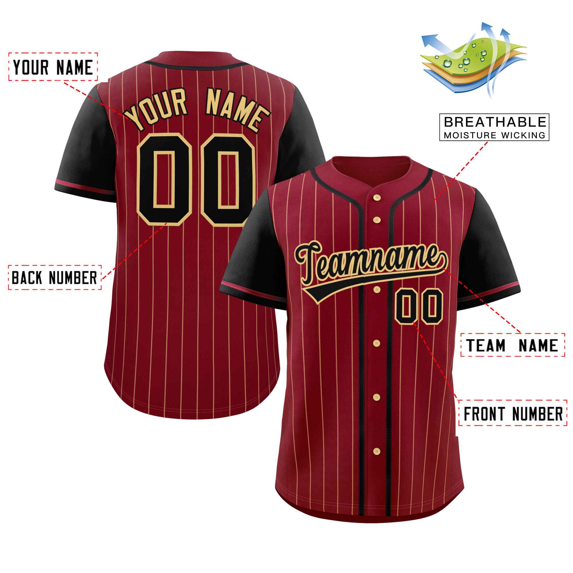 Maßgeschneidertes authentisches Baseball-Trikot mit modischen Raglanärmeln in Crimson-Schwarz-Khaki-Streifen
