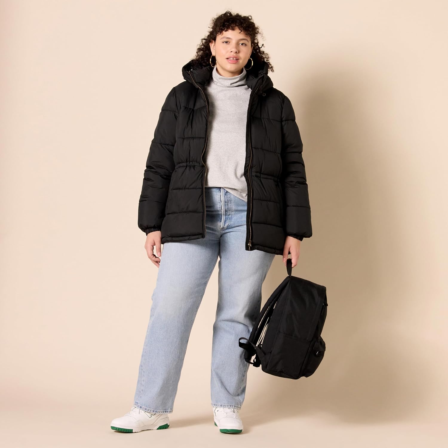 Women's Heavyweight Hooded Puffer Jacket Adjustable Waist Black