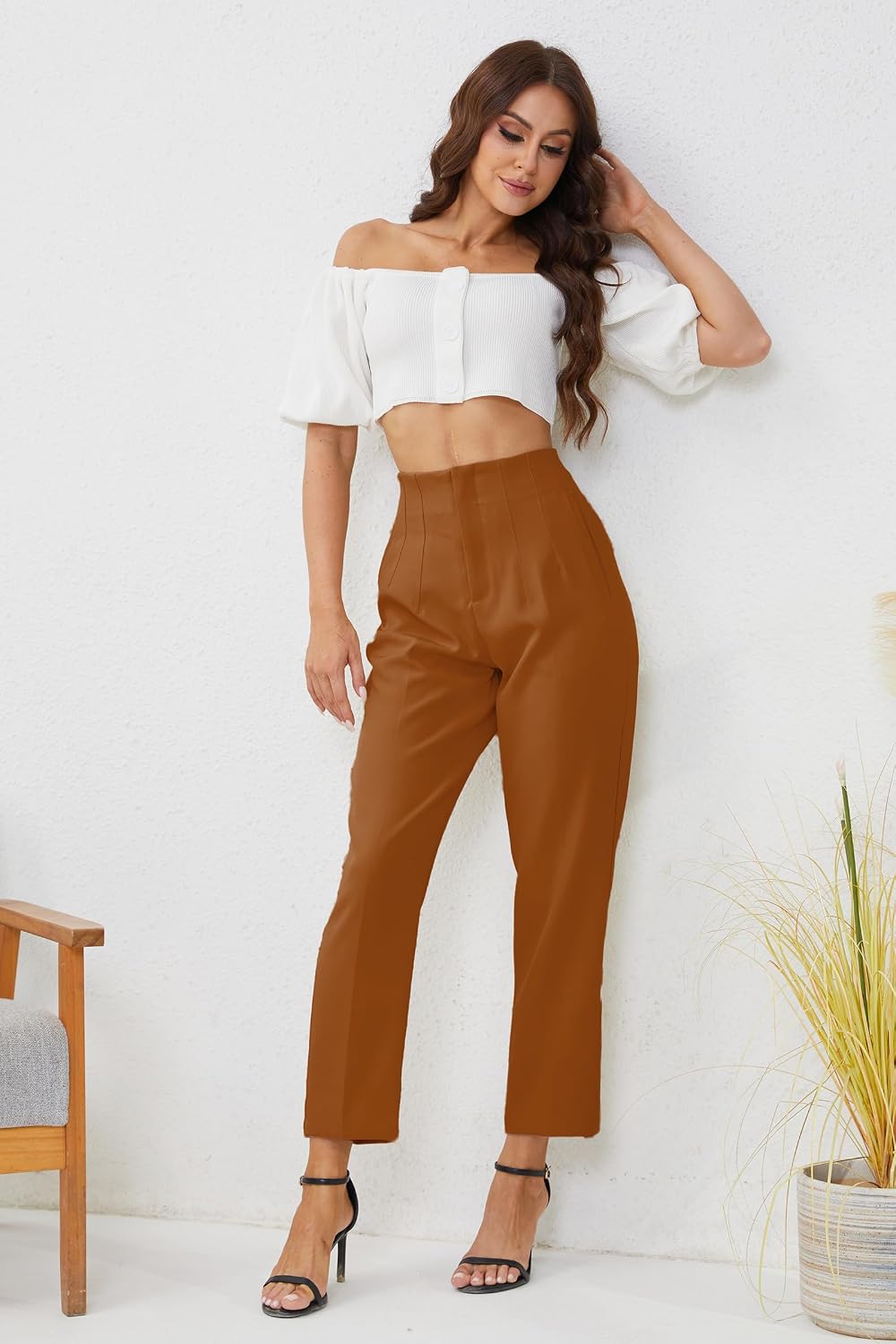 Women's High Waisted Business Trousers Straight Leg Pleated Office Slacks Pants