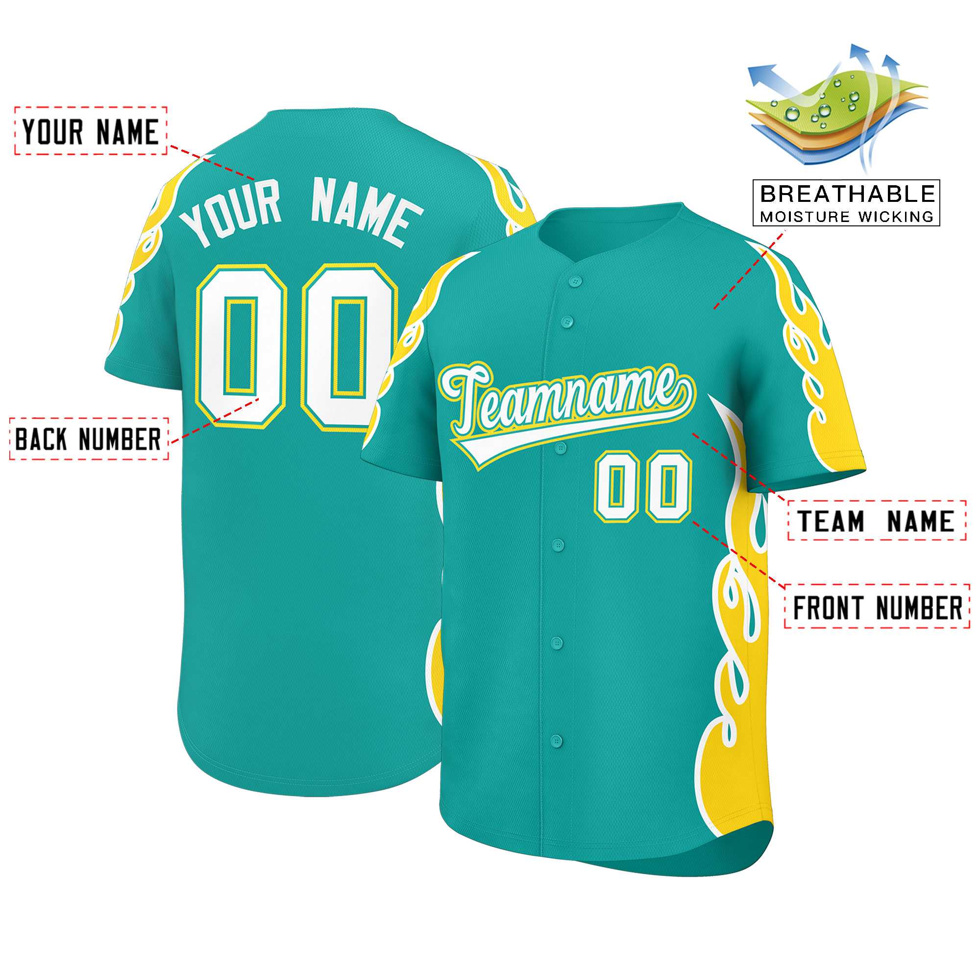 Benutzerdefiniertes Baseball-Trikot mit Seitenflammen-Umrissmuster für Sportuniformen