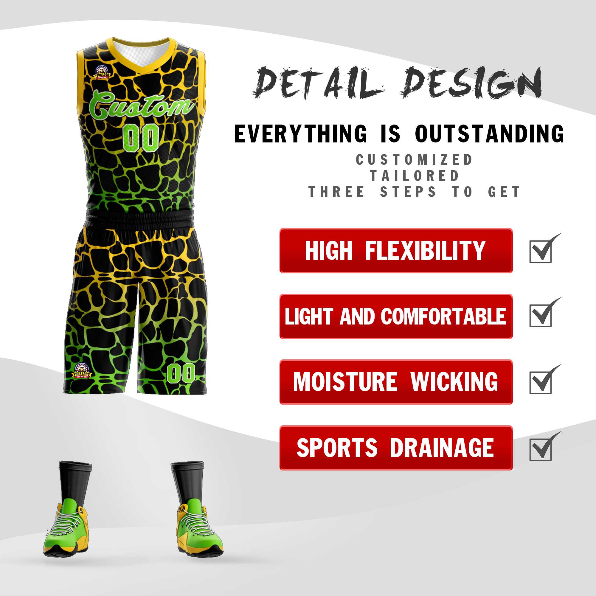 Kundenspezifisches Basketball-Trikot mit Sportuniform in Schwarz, Gold und Neongrün mit gepunktetem Graffiti-Muster