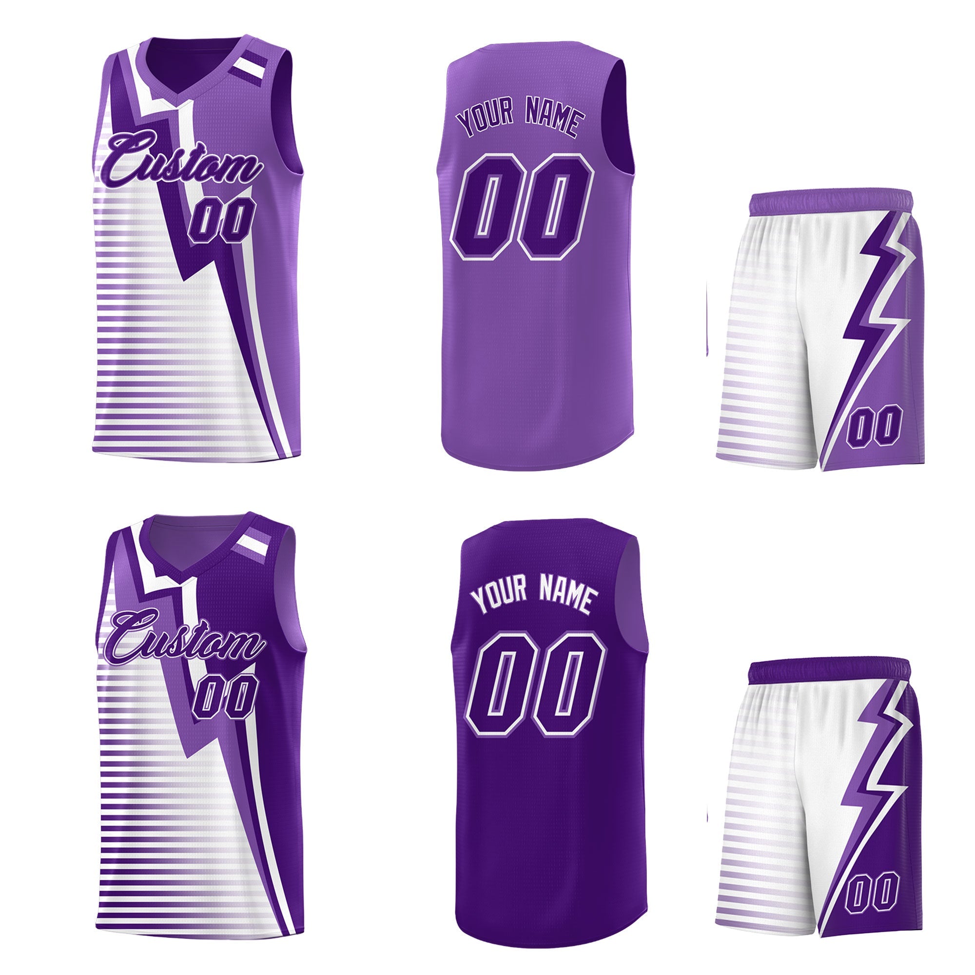 Benutzerdefinierte lila helllila weiße Farbverlaufsstreifen Blitzmuster Wende-Sets Basketball-Trikot