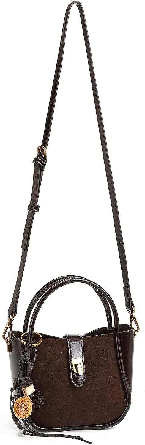 Women's Suede Patchwork Turn-Lock Hobo Handbag, Brown Women's Suede Patchwork Turn-Lock Hobo Handbag, Brown
