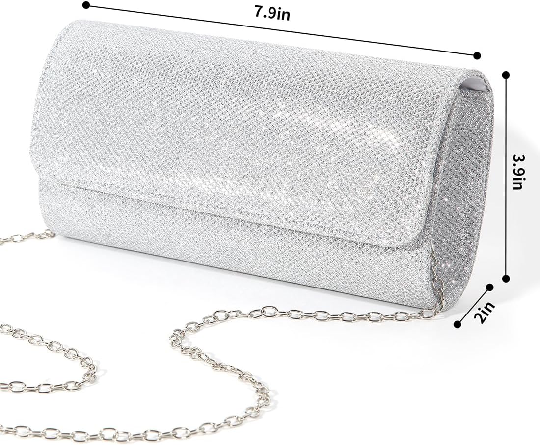 Women's Silver Glitter Clutch Purse with Detachable Chain Strap
