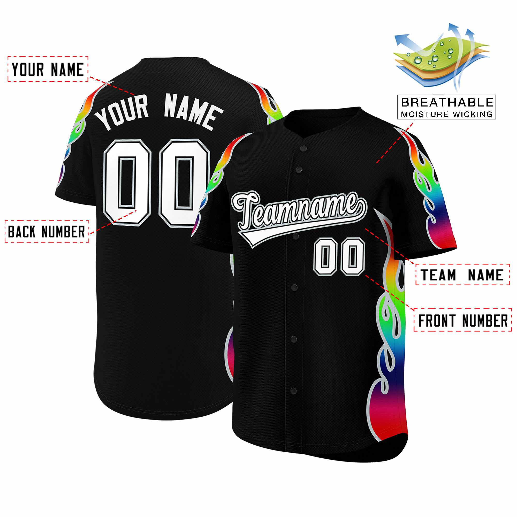 Benutzerdefiniertes Graffiti-Muster, personalisierter mehrfarbiger Flammendruck, authentisches Baseball-Trikot
