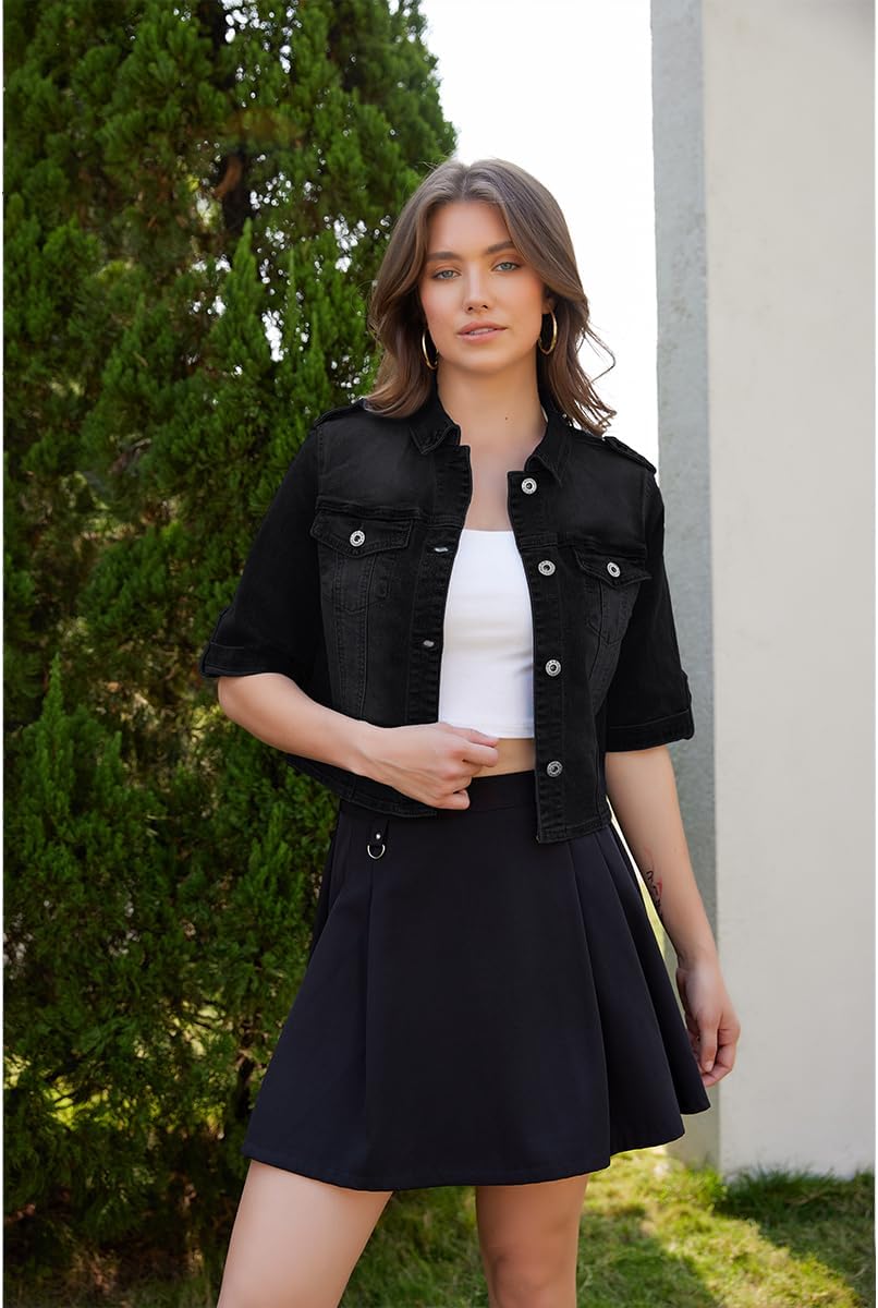 Women's Short Sleeve Stretch Denim Jacket Retro Casual Button Down Cropped Trucker Jean Jackets