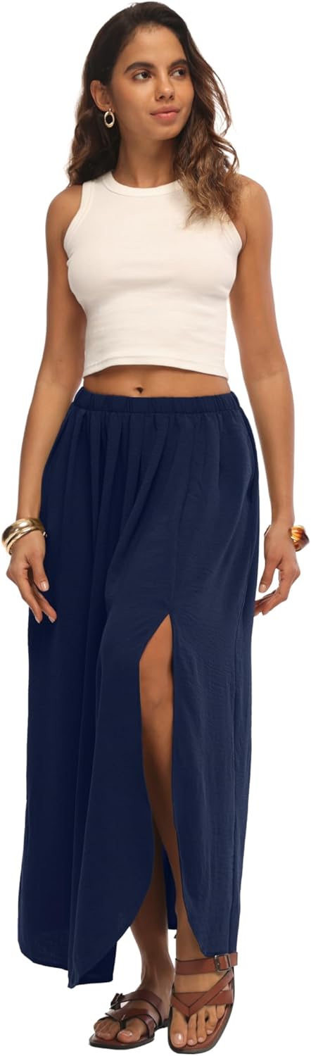 Womens Maxi Skirts High Waisted Flowy A Line Weekend Skirt with Side Slit for Spring Summer
