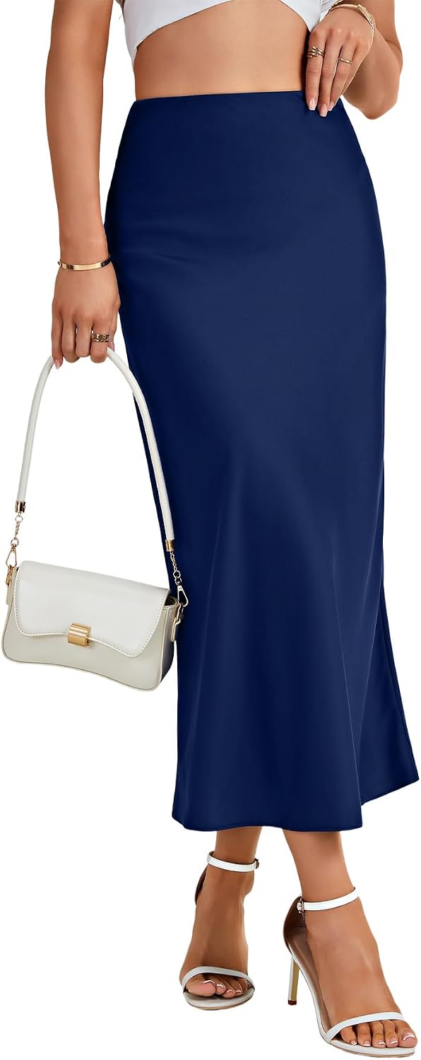 Women's Satin Silky Midi Skirt Elastic Waist Navy Women's Satin Silky Midi Skirt Elastic Waist Navy