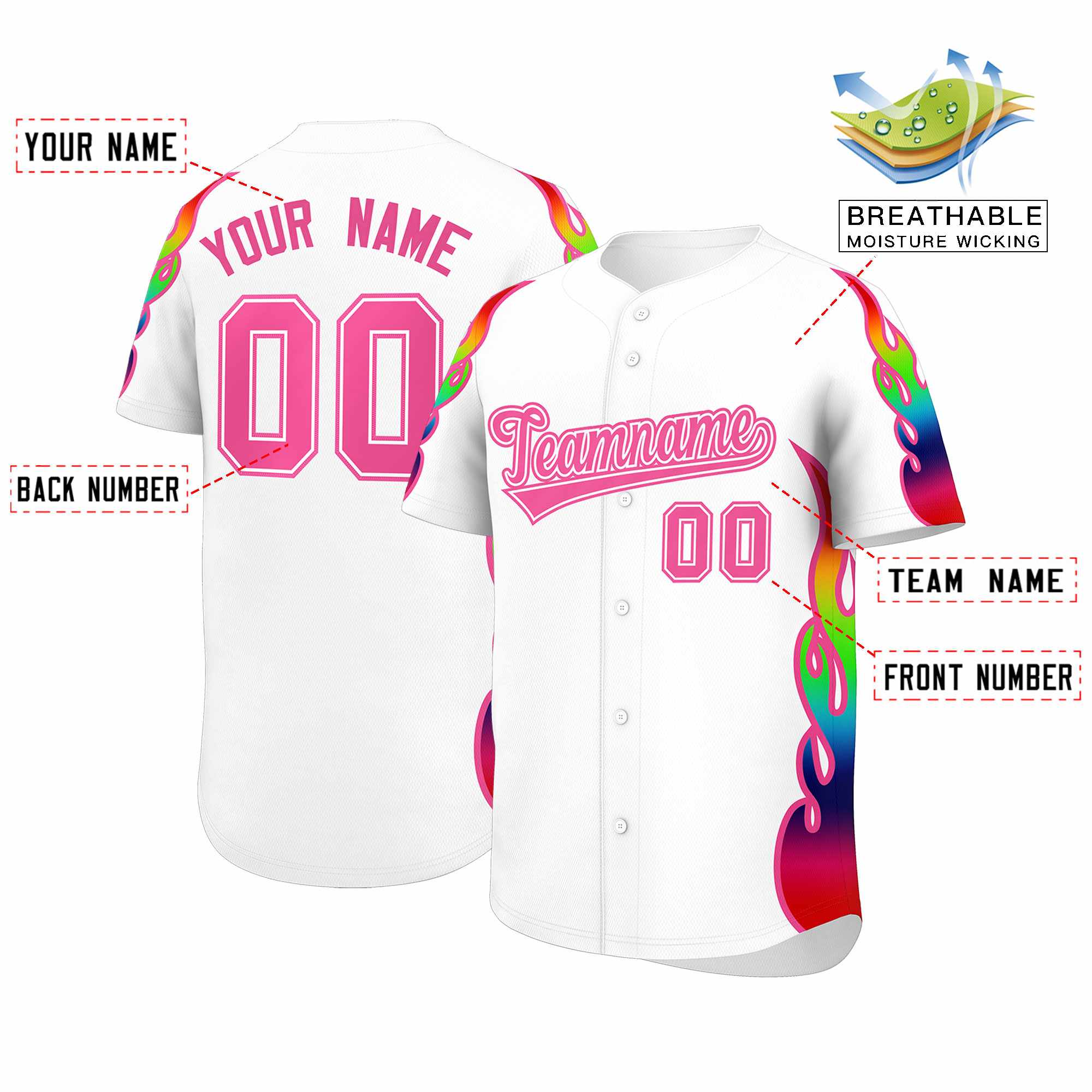 Benutzerdefiniertes Graffiti-Muster, personalisierter mehrfarbiger Flammendruck, authentisches Baseball-Trikot