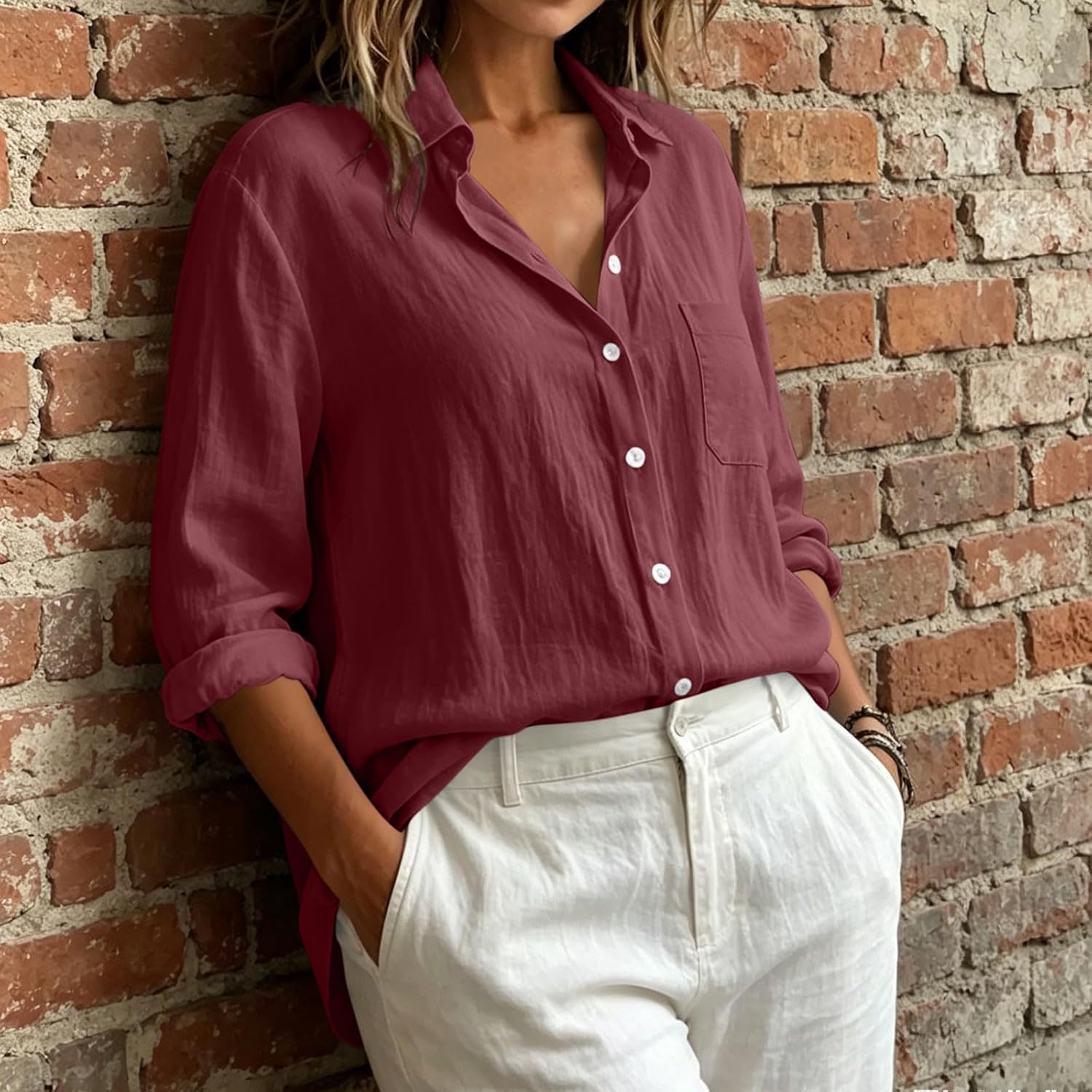 Womens Button Down Dress Shirts Fall Cotton Linen Textured Shirt Jacket Long Sleeve Collared Work Tops with Pocket