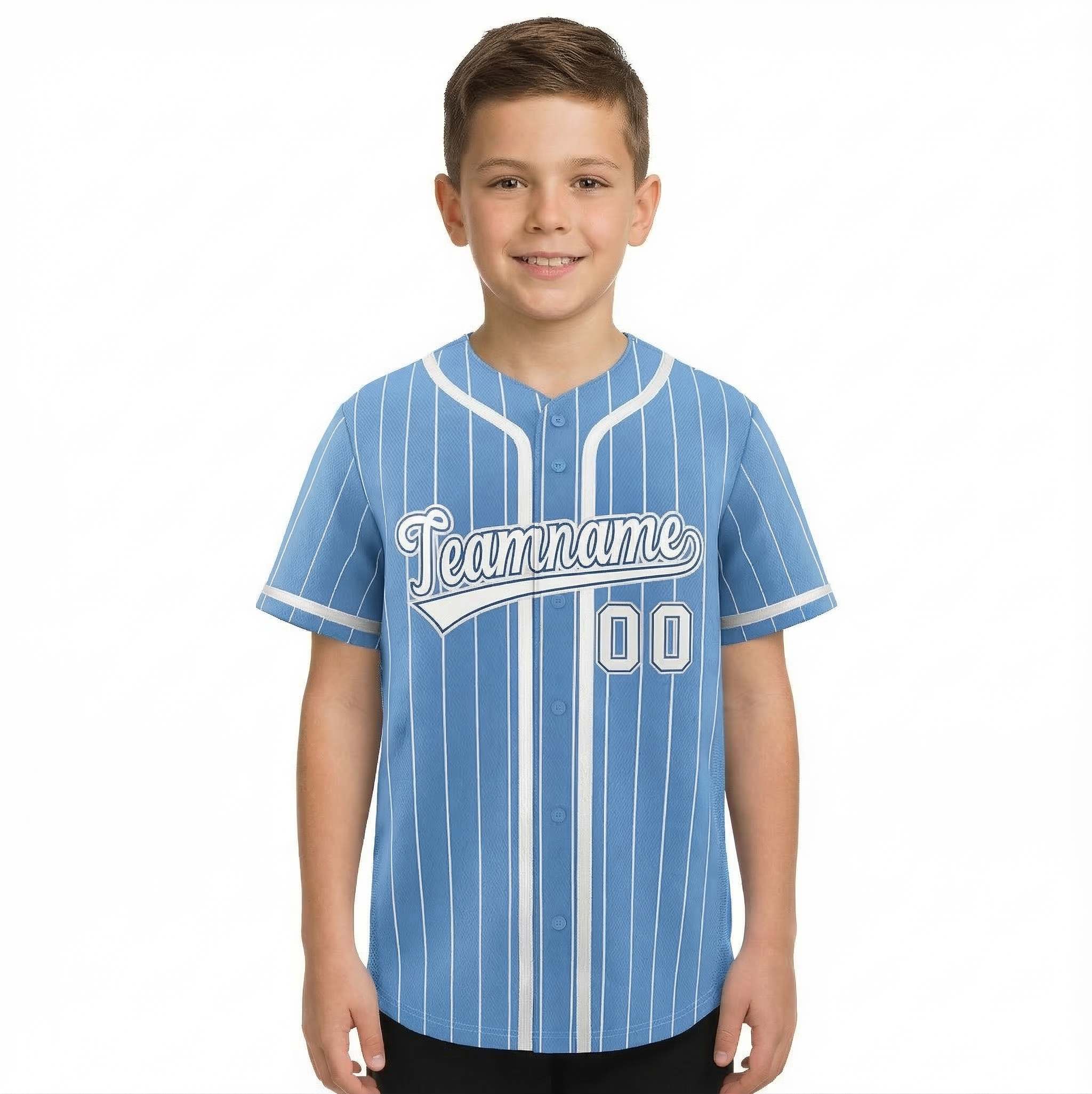 Benutzerdefiniertes, hellblau-weiß gestreiftes, modisches, authentisches Baseball-Trikot mit durchgehenden Knöpfen für Jugendliche