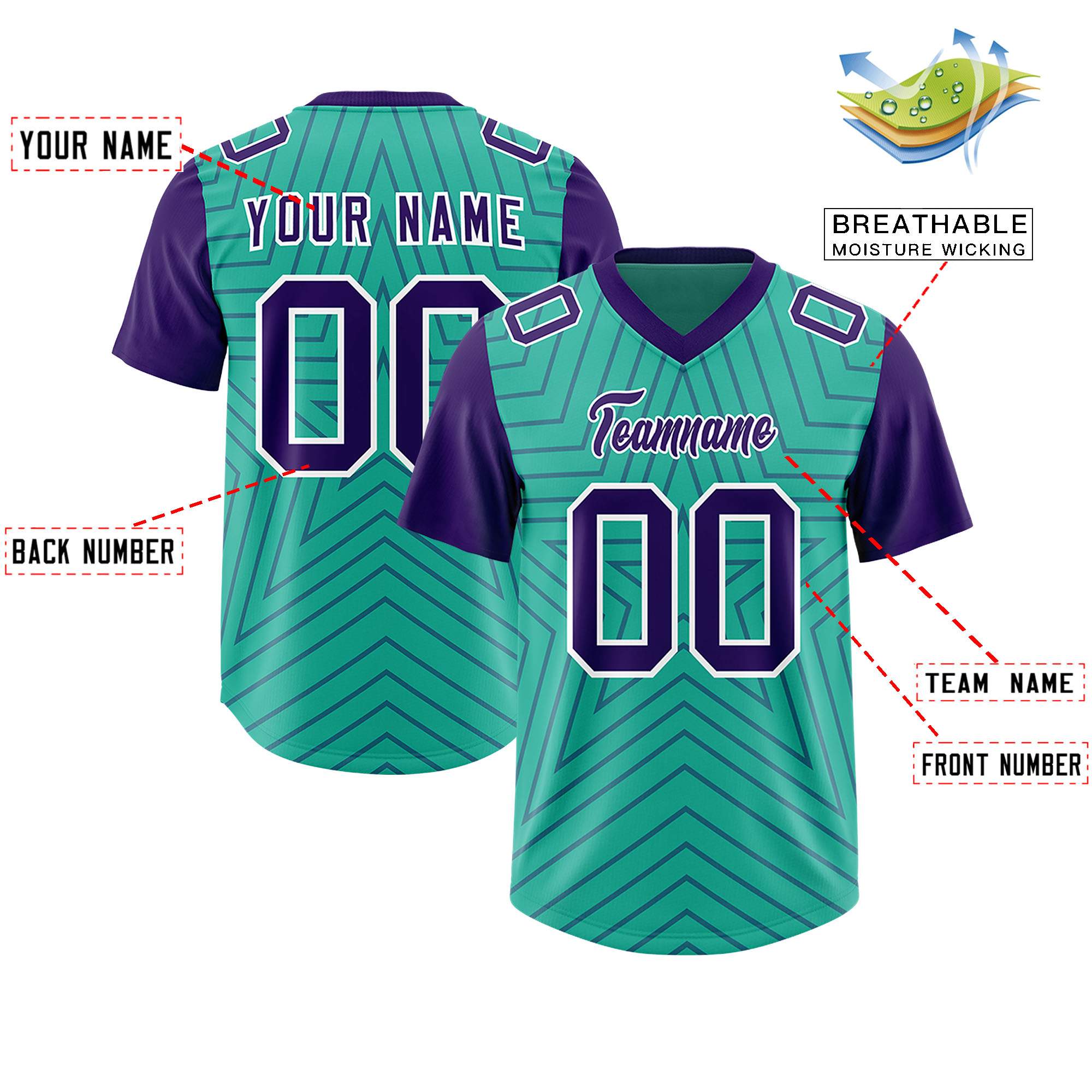 Benutzerdefinierte leuchtend grün lila personalisierte Sternmuster Raglanärmel authentisches Fußballtrikot