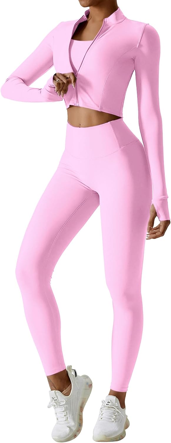 Workout Sets for Women 3 Piece Long Sleeve Zip Up Jacket Crop Top High Waisted Yoga Leggings Gym Athletic Sets