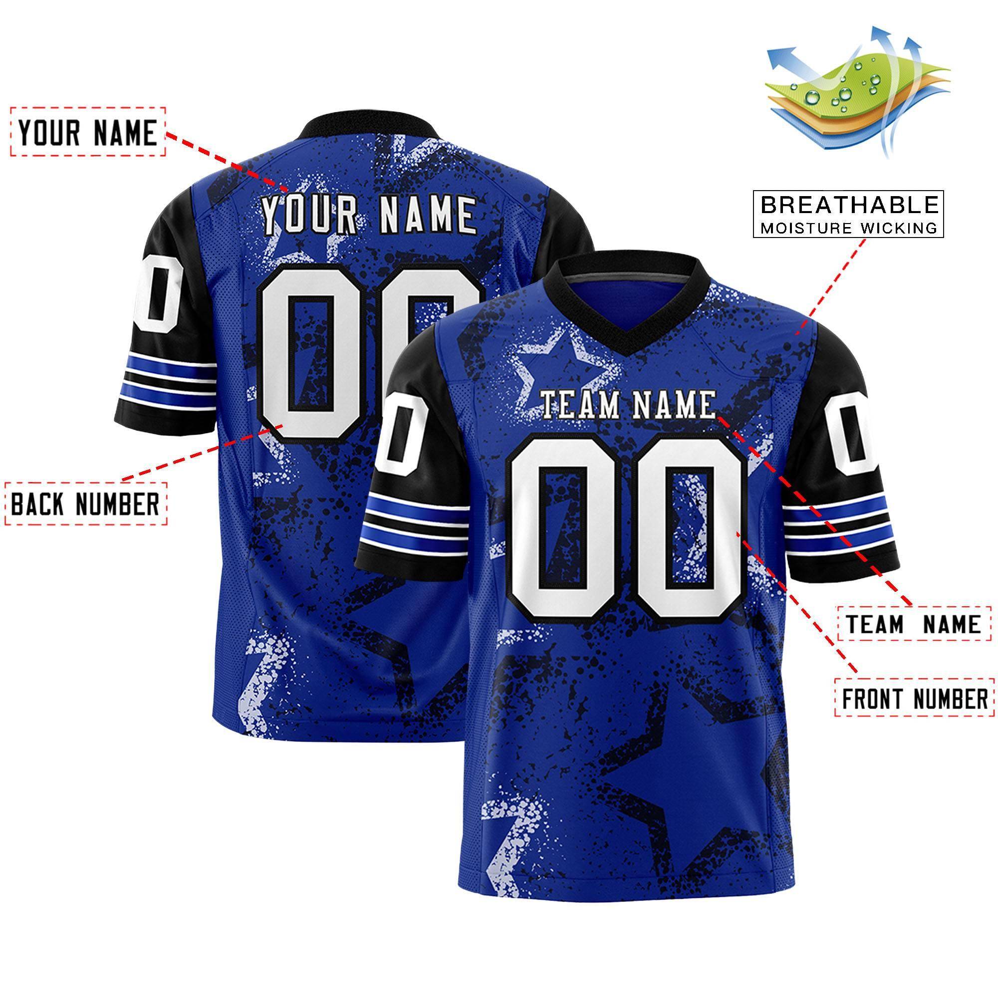 Individuell personalisiertes, authentisches Fußballtrikot mit Sternmuster-Design Individuell personalisiertes, authentisches Fußballtrikot mit Sternmuster-Design