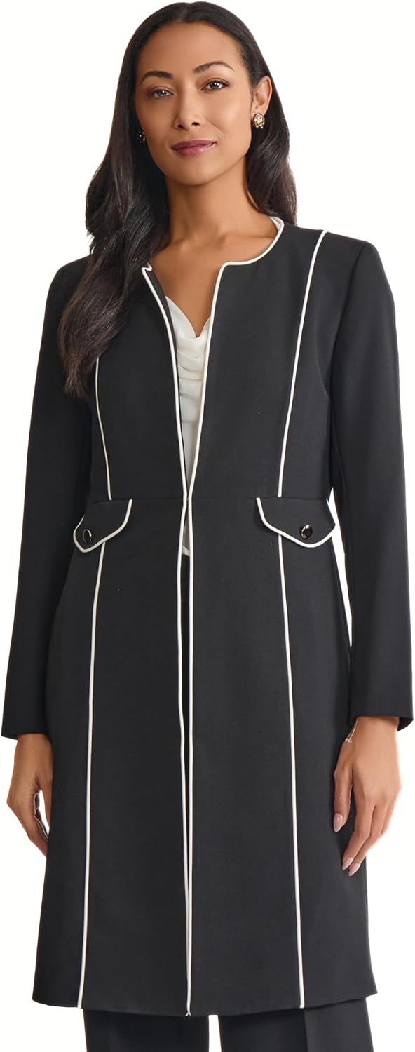 Women's Piping Trim Longline Topper Coat Black