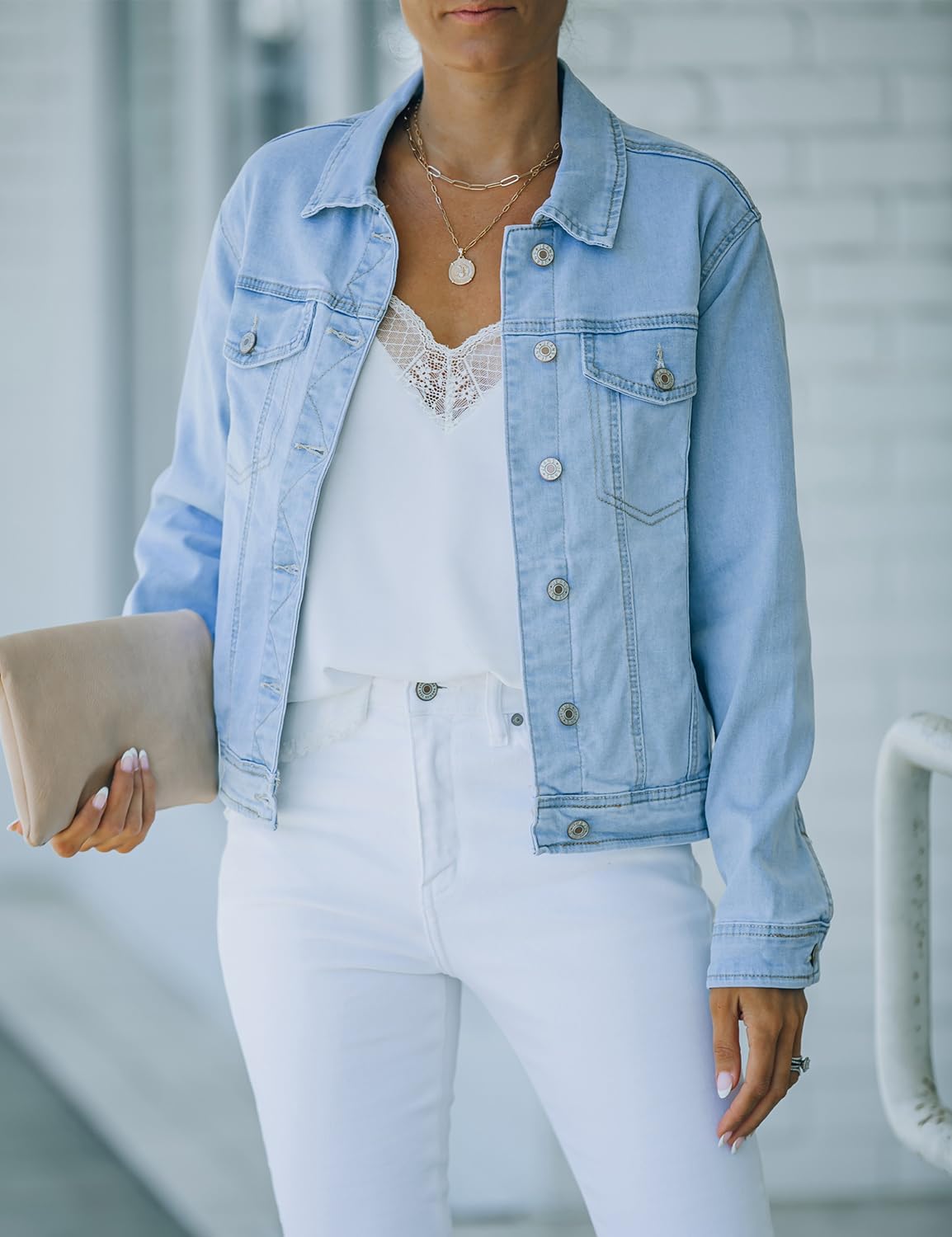 Women's Basic Button Down Stretch Fitted Long Sleeves Denim Jean Jacket Women's Basic Button Down Stretch Fitted Long Sleeves Denim Jean Jacket