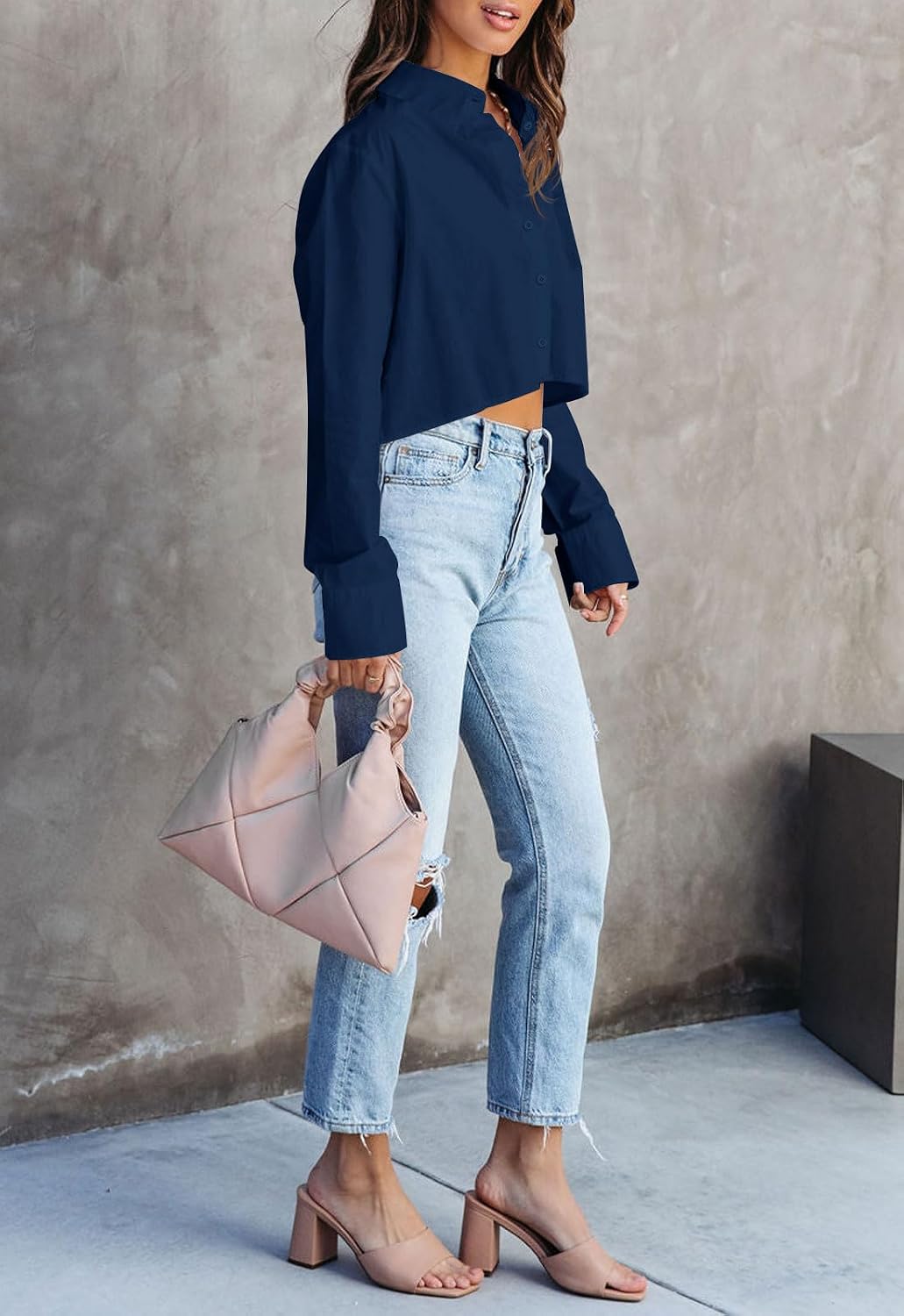 Button Down Shirts for Women Long Sleeve Casual Crop Tops Solid Lapel Blouse Shirt with Pocket
