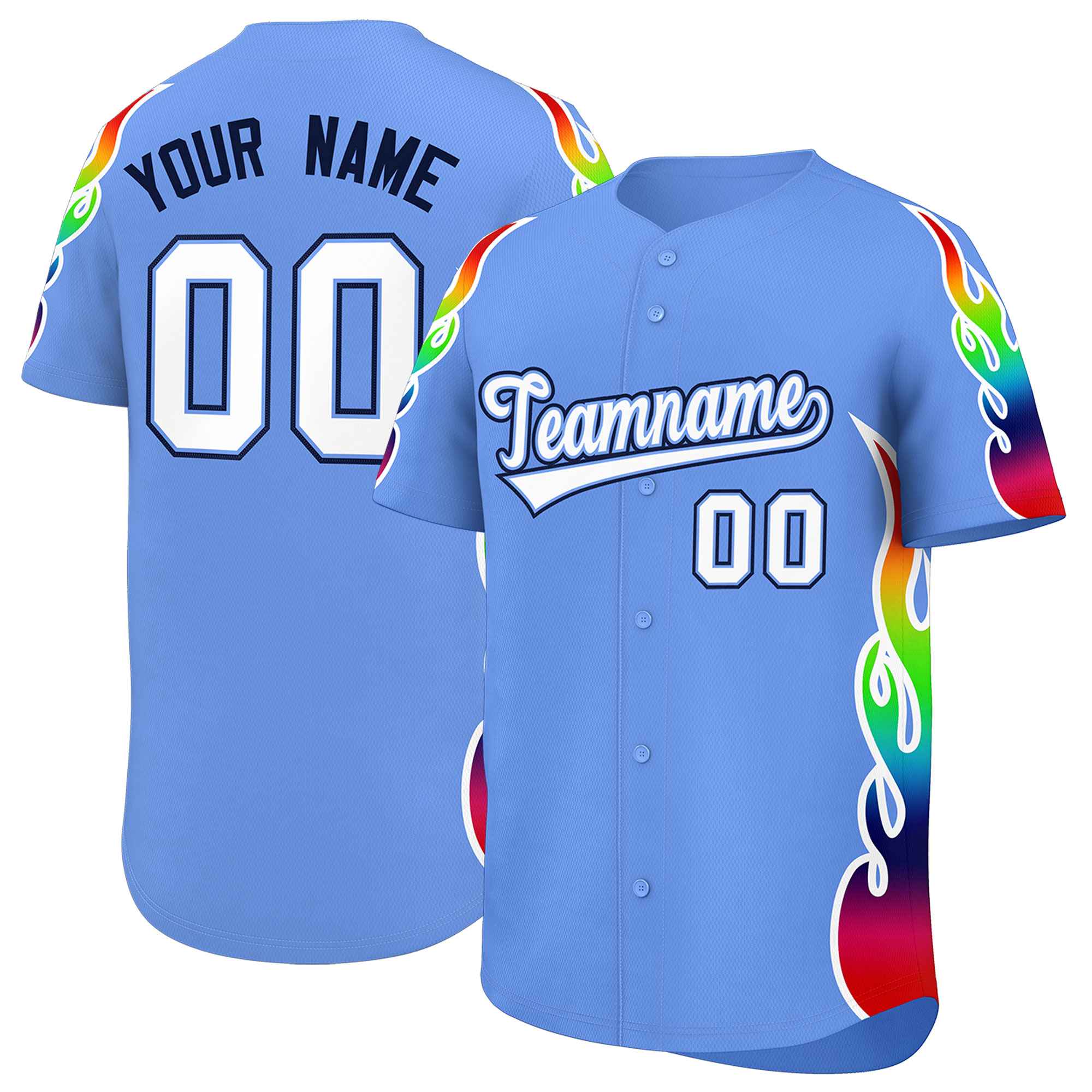Benutzerdefiniertes Graffiti-Muster, personalisierter mehrfarbiger Flammendruck, authentisches Baseball-Trikot