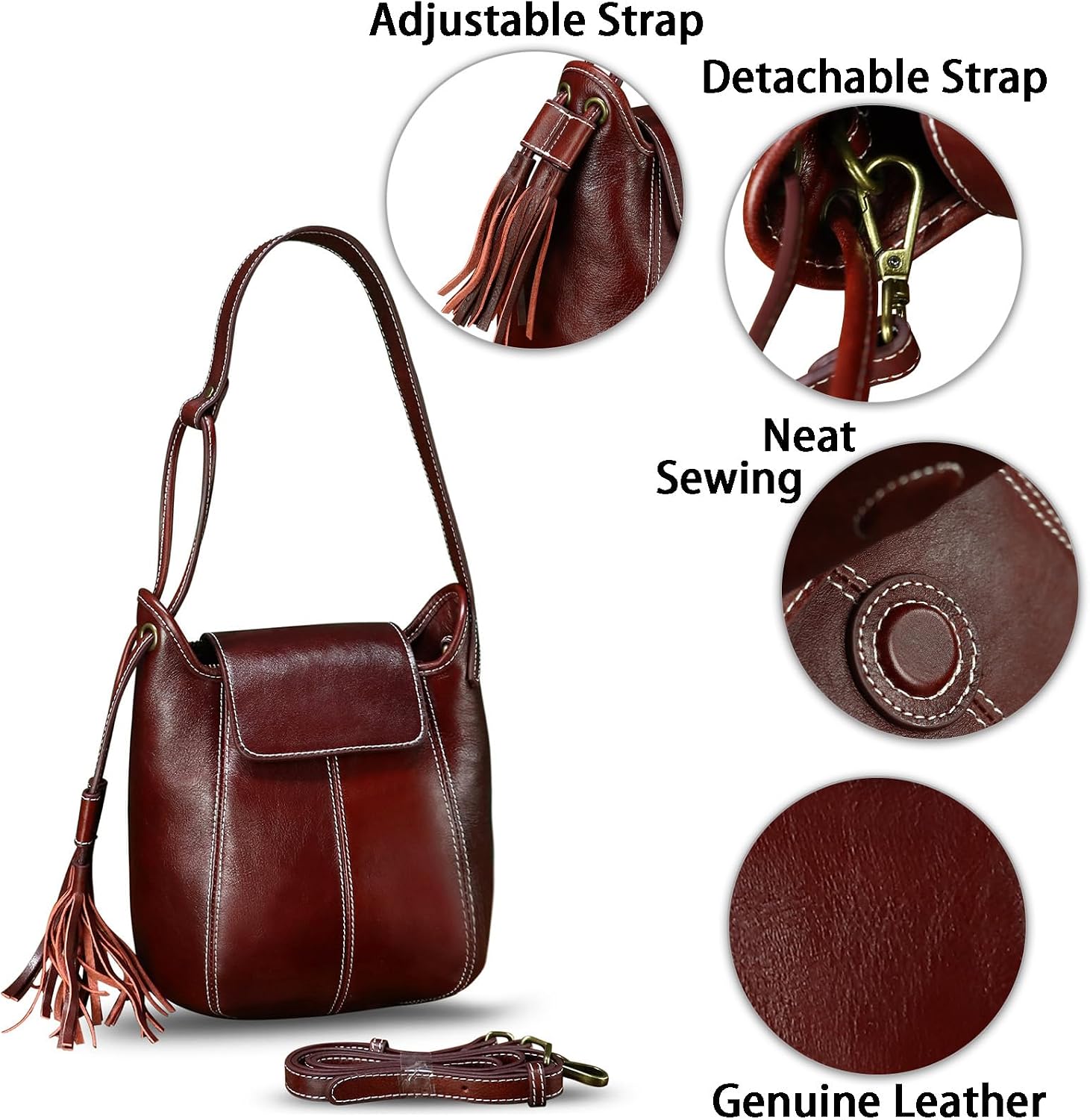 Women's Genuine Leather Hobo Bag with Tassel Burgundy