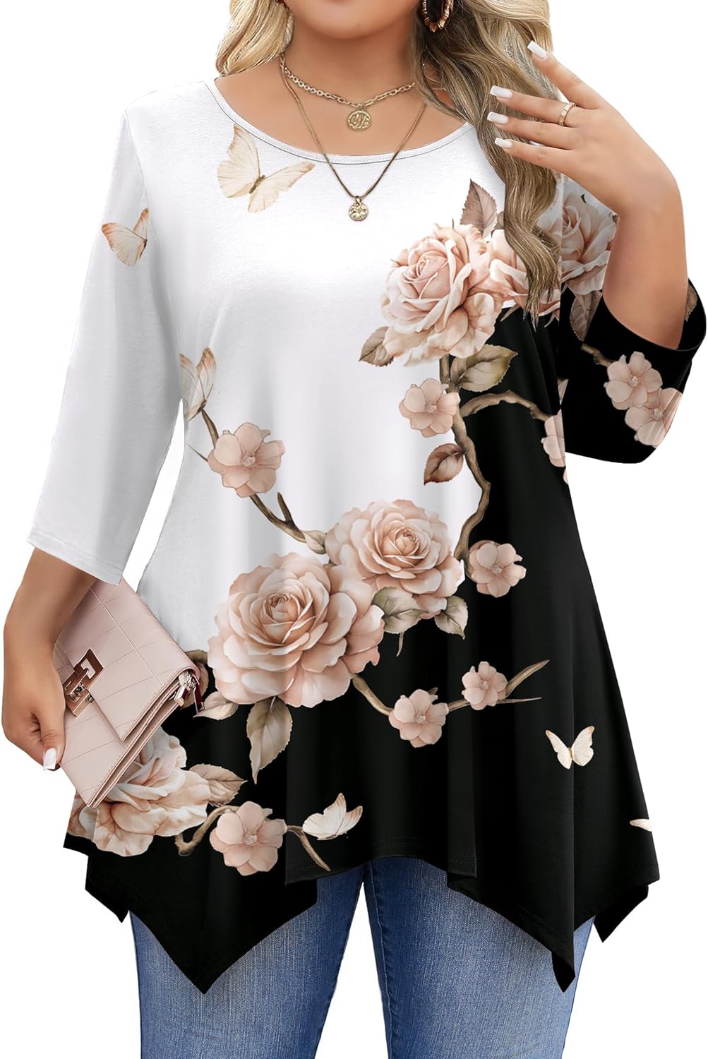 IN'VOLAND Plus Size Tops for Women 3 4 Sleeve Shirts Tunic to Wear with Leggings Loose Fit Summer Fall Clothes