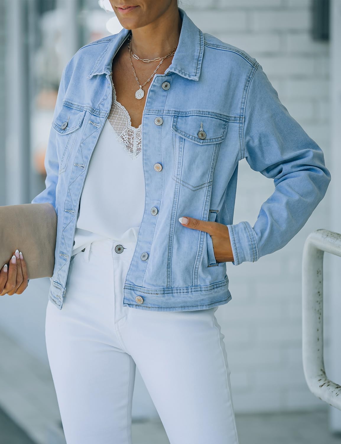 Women's Basic Button Down Stretch Fitted Long Sleeves Denim Jean Jacket