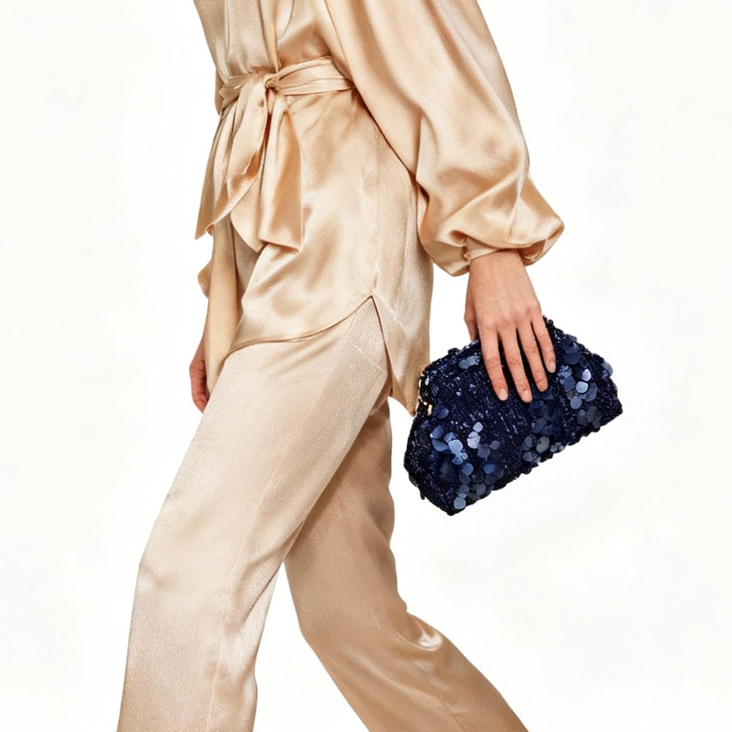 Women's Navy Sequin Dumpling Clutch with Detachable Chain Strap