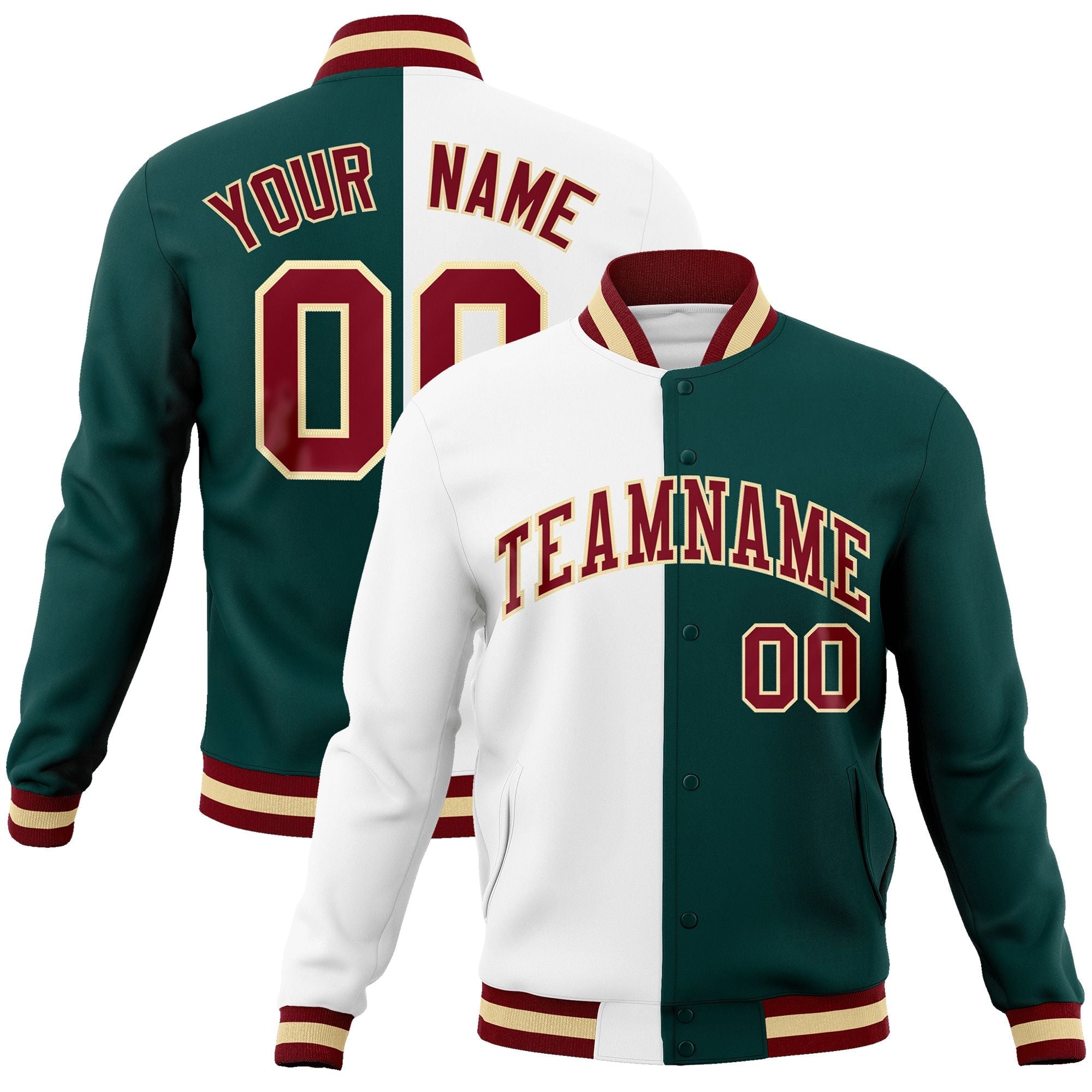 Custom Midnight Green-Crimson Varsity Full-Snap Letterman Two Tone Split Fashion Jacket