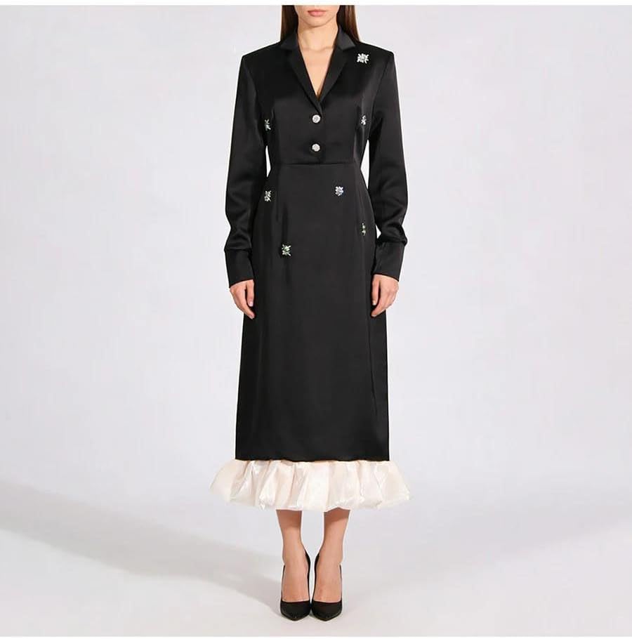 Women's Embellished Satin Midi Dress Lapel Long Sleeve Black