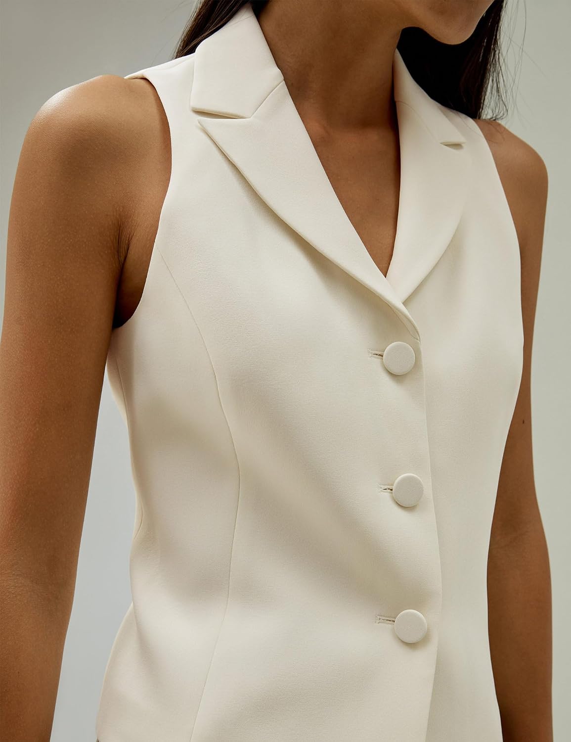 Women's Lapel Collar Silk Blazer Vest Button Front Ivory