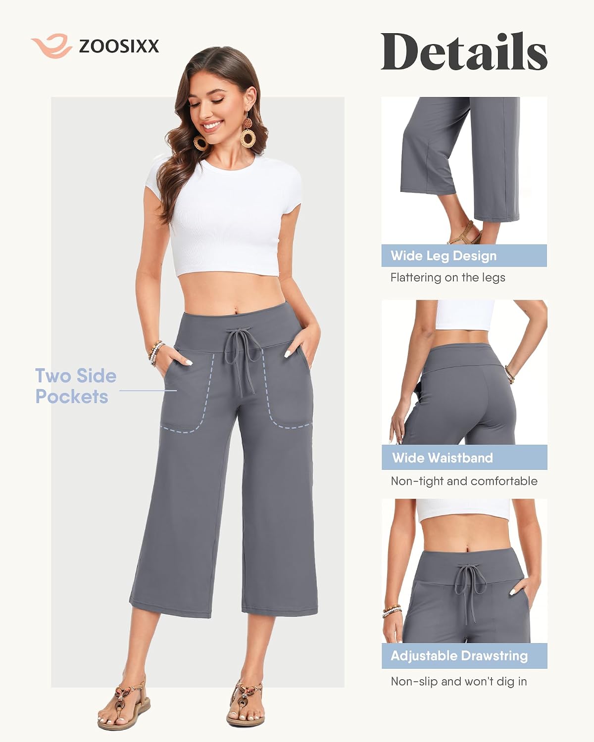 Capri Pants for Women - Wide Leg Loose Trousers with Pockets Summer High Waisted Drawstring