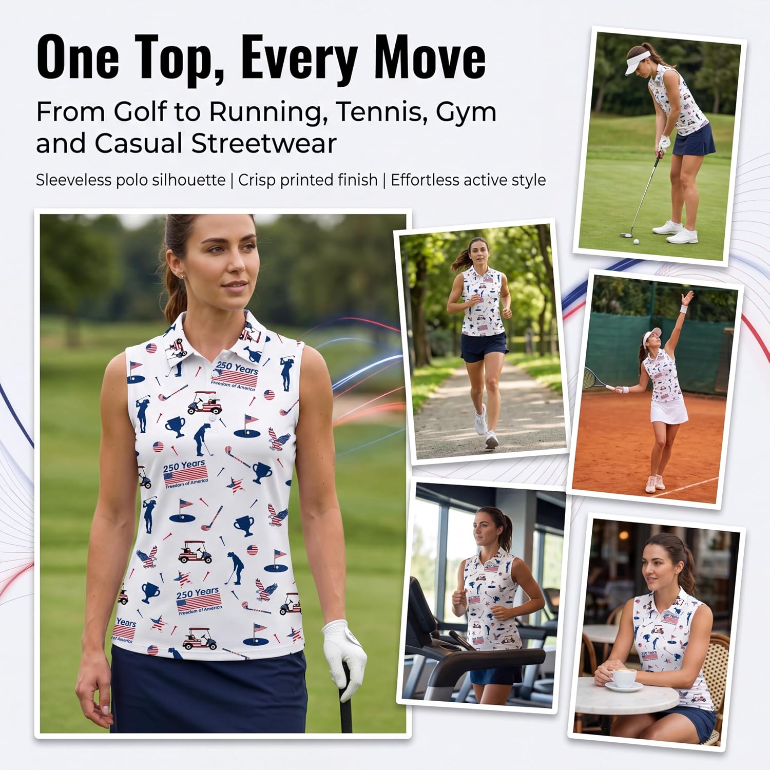 Women's Sleeveless Golf Polo Collared Tank Patriotic Print