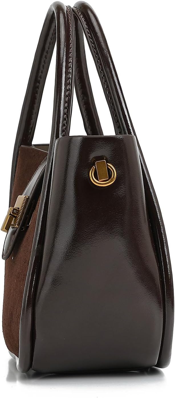 Women's Suede Patchwork Turn-Lock Hobo Handbag, Brown Women's Suede Patchwork Turn-Lock Hobo Handbag, Brown