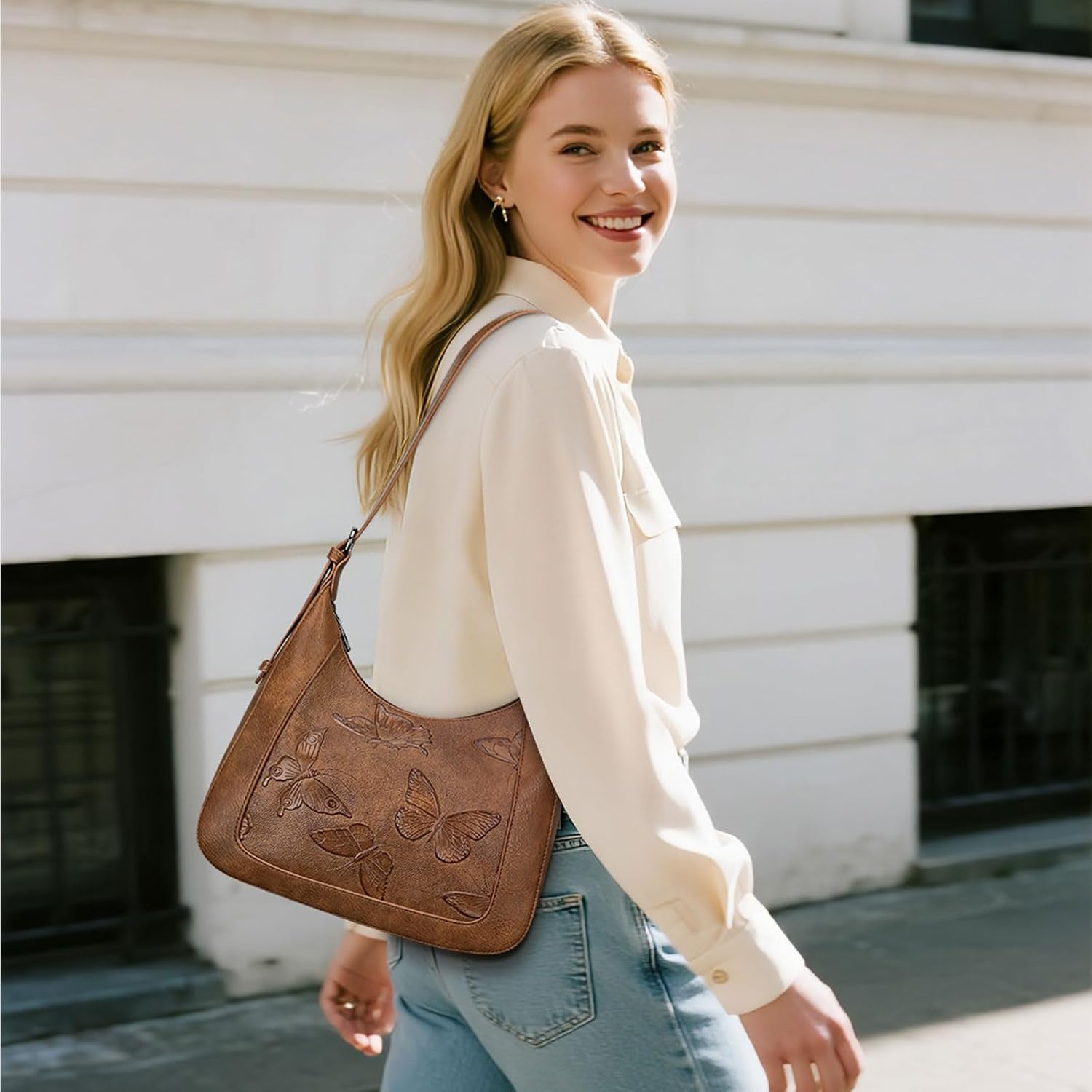 Women's Butterfly Embossed Hobo Shoulder Bag Brown