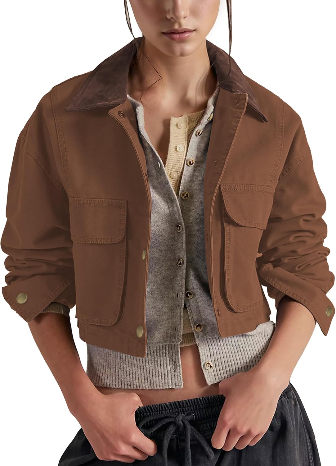 Barn Jackets for Women Contrast Collar Utility Coat Cargo Jacket Cropped with Pockets Outwear