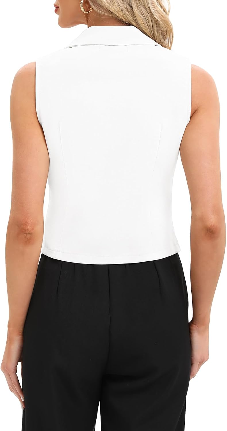 Women's Button Front Waistcoat Notch Lapel Sleeveless White Vest