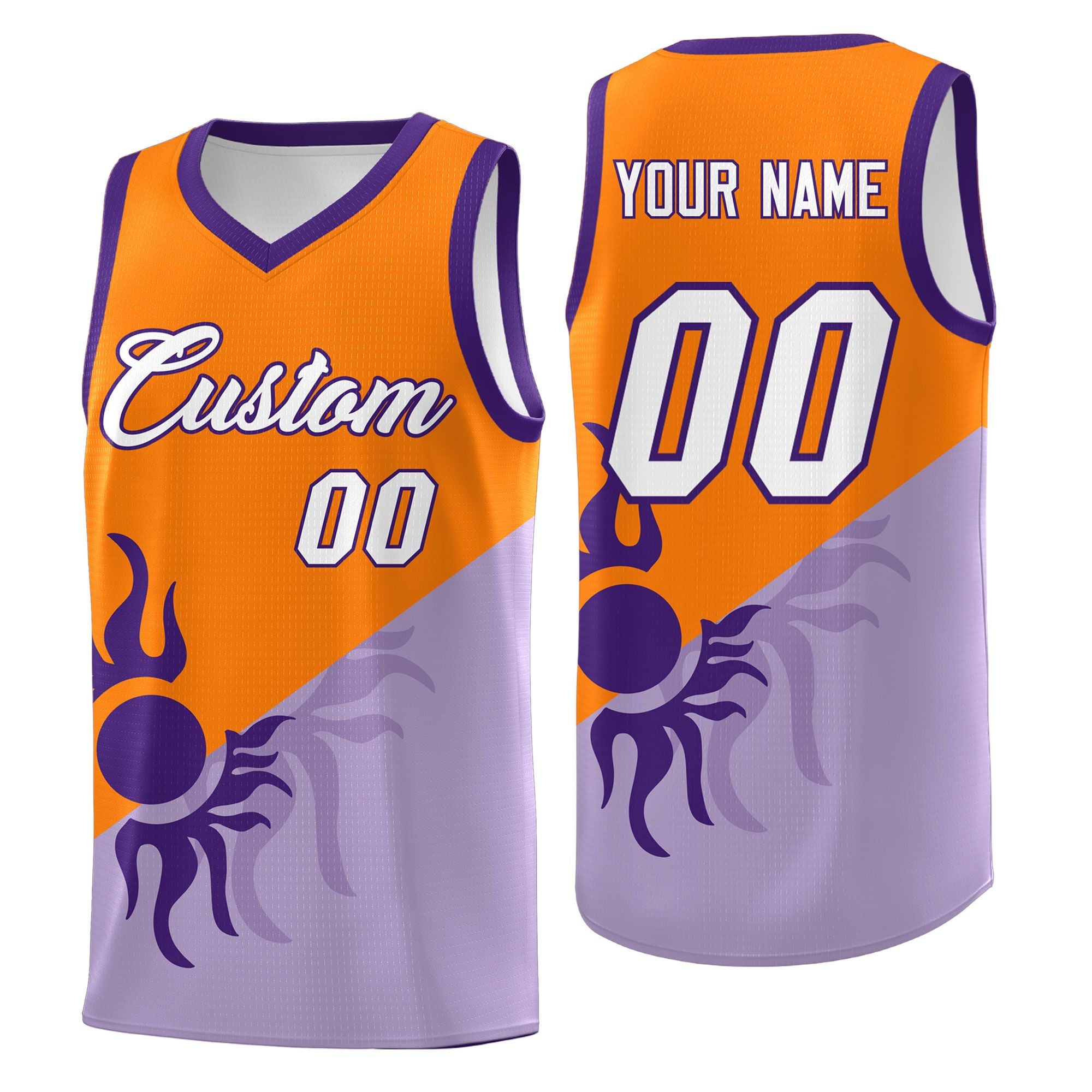 Maßgeschneidertes zweifarbiges drapierbares Uniform-Basketballtrikot mit leuchtendem Sonnendesign in Helllila-Orange
