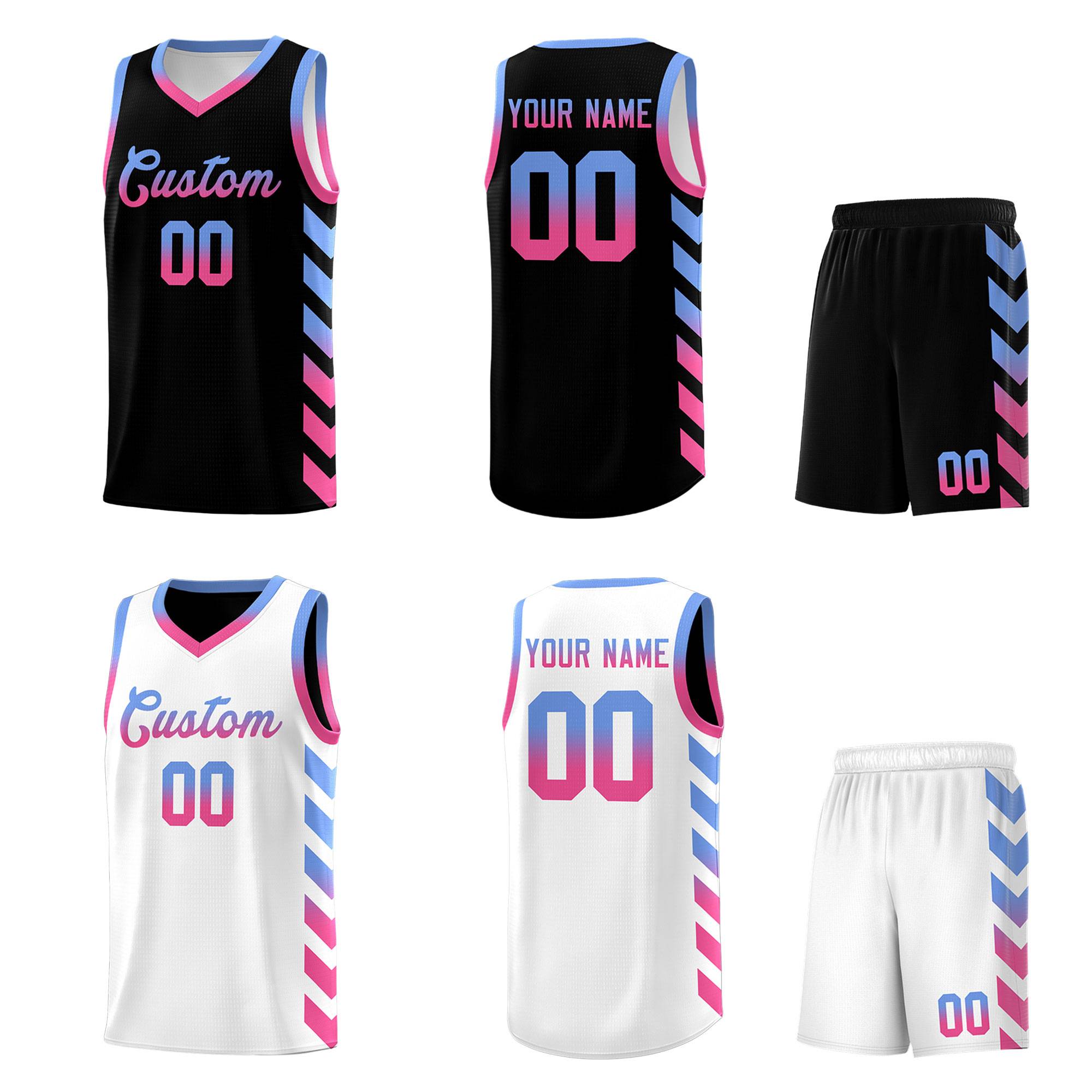 Maßgeschneiderte wendbare Basketball-Trikot-Sets in Weiß und Schwarz seitlicher Pfeil hellblauer rosa Farbverlauf