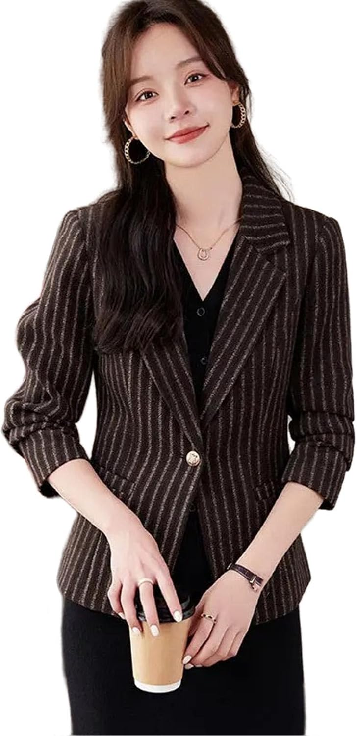 Women's Stripe Woolen Formal Blazer Suit Notched Collar Business Jacket Ladies Office Blazers