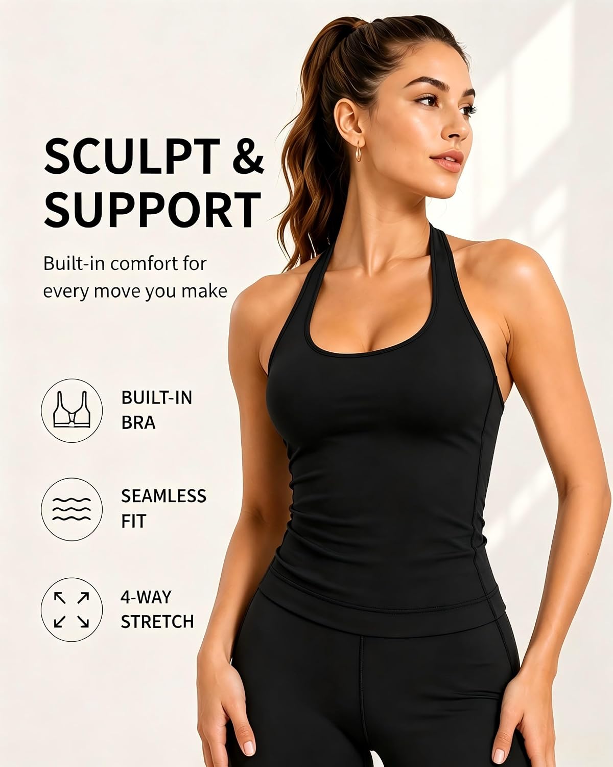 Women's Halter Workout Tank Backless Built in Bra Top