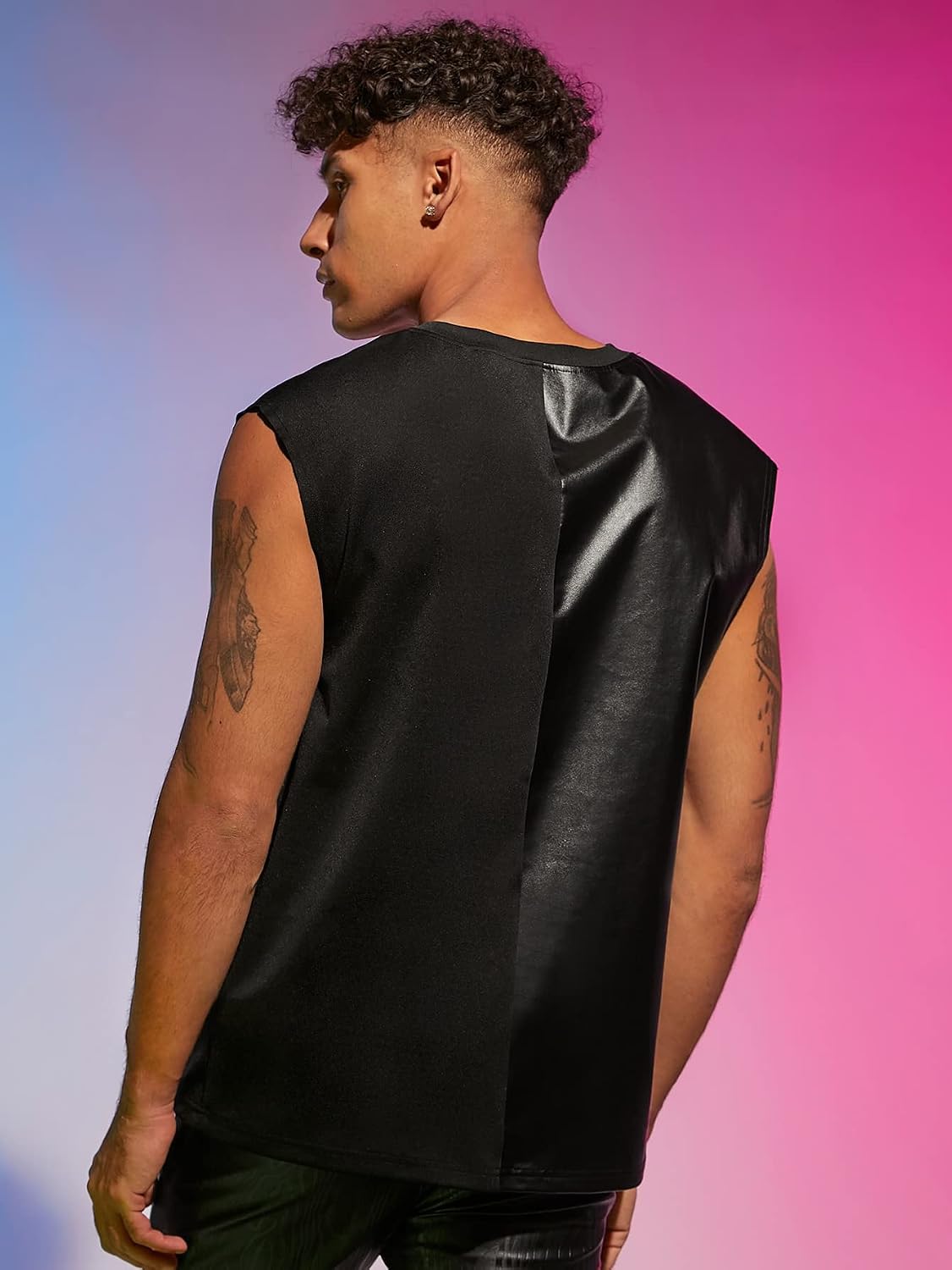 Men's Faux Leather Panel Tank Top Color Block Black Men's Faux Leather Panel Tank Top Color Block Black