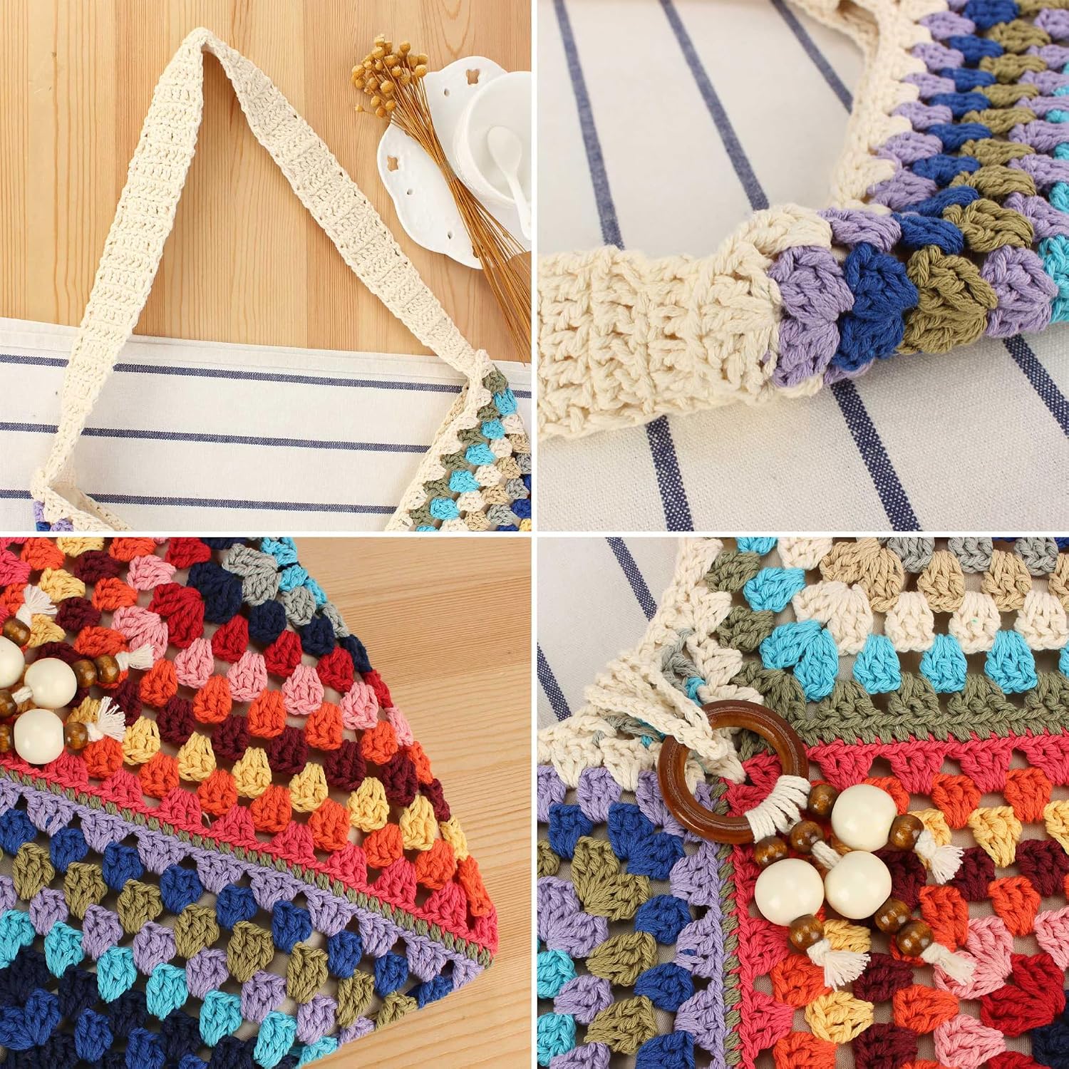 Women's Crochet Granny Square Hobo Shoulder Bag, Multicolor