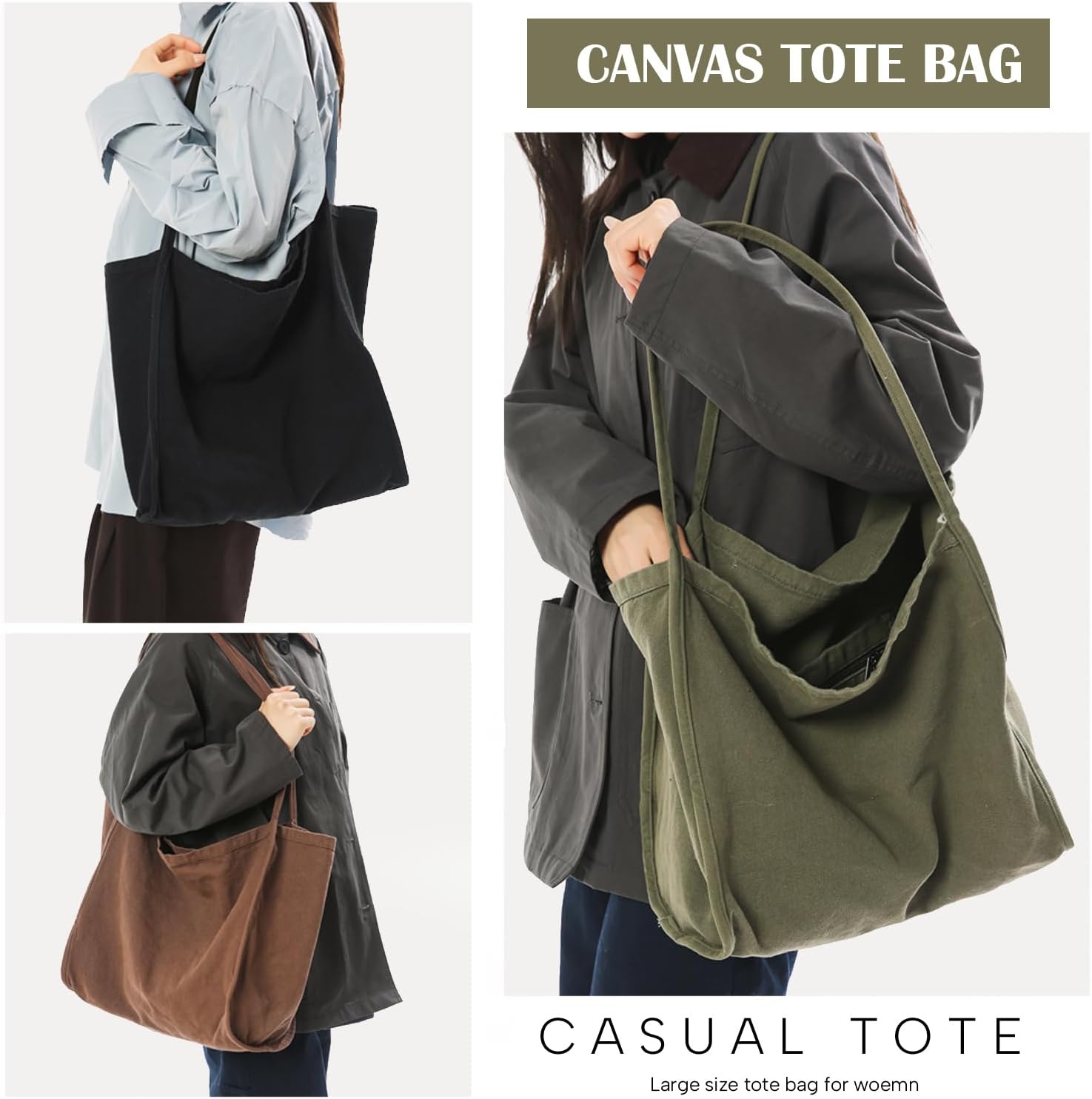 Women's Canvas Hobo Tote Bag Olive Black Brown Women's Canvas Hobo Tote Bag Olive Black Brown