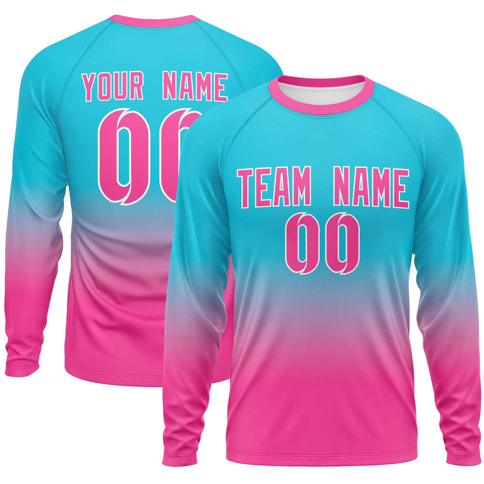 Benutzerdefiniertes himmelblau-rosa Farbverlaufs-Modedesign-Langarm-Performance-T-Shirt