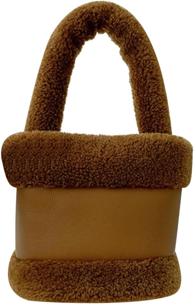 Women's Plush Teddy Top-Handle Bucket Bag, Brown
