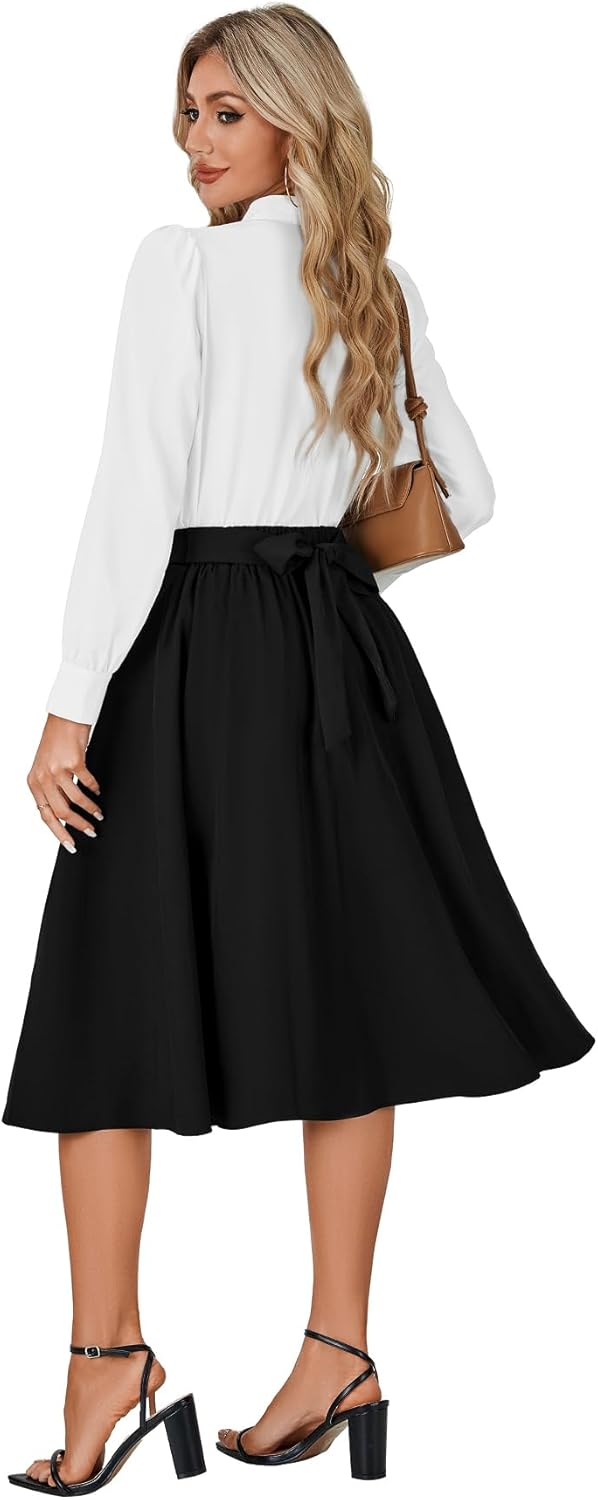 Women's Vintage Skirt High Waist Pleated Tie Back Flared A Line Midi