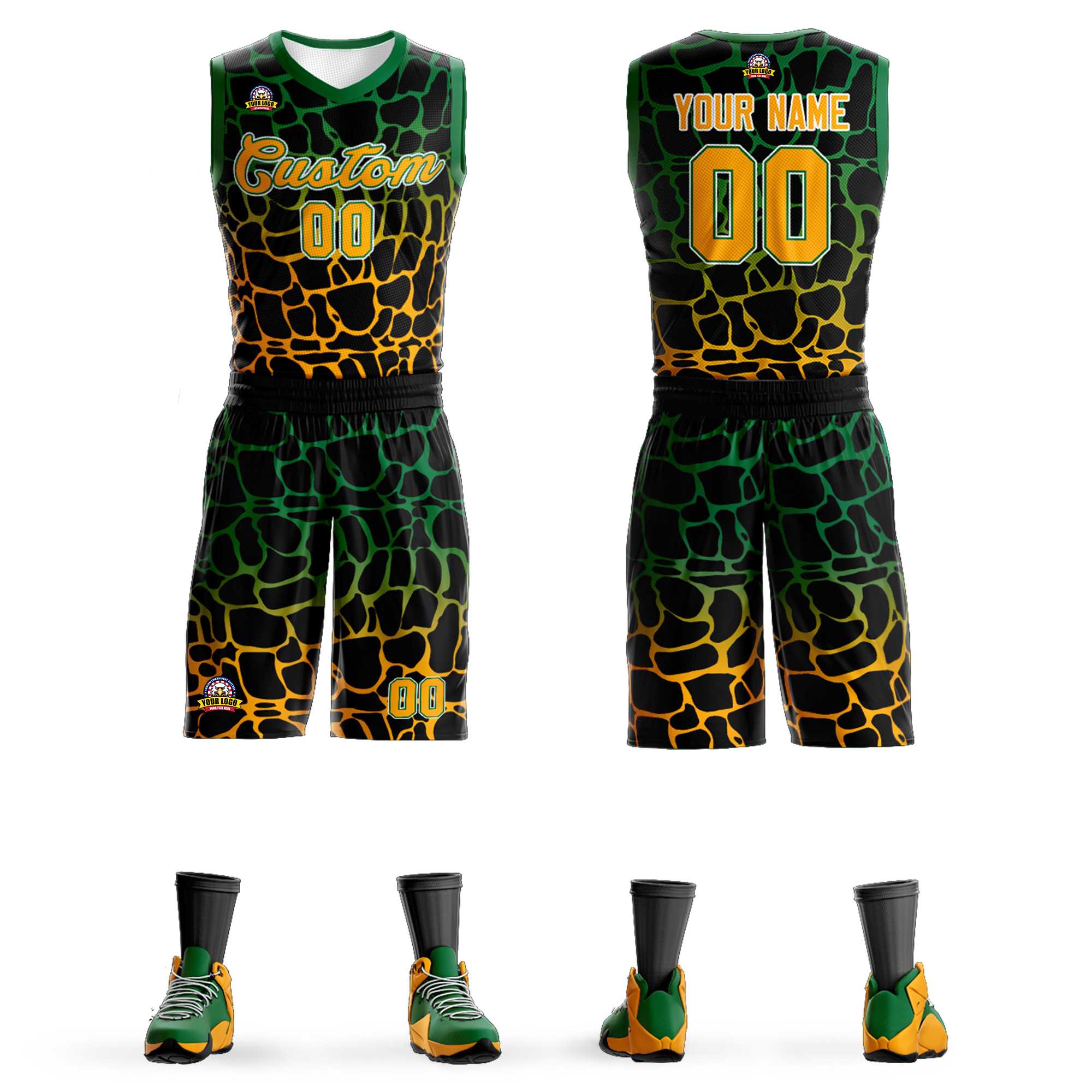 Kundenspezifisches schwarzes Kelly-Basketballtrikot mit grün-gelb gepunktetem Graffiti-Muster für Sportuniformen